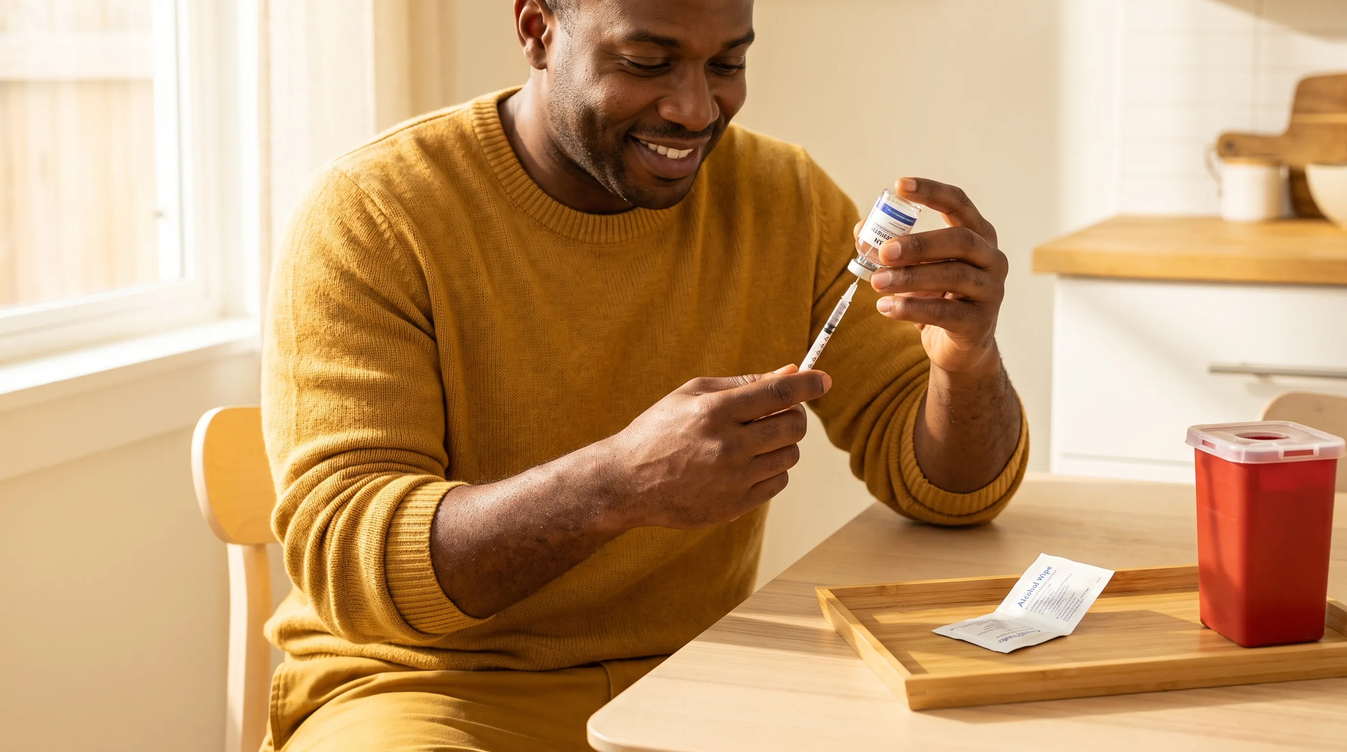 A careful person at a clean kitchen table drawing a peptide dose into a thin insulin syringe from a reconstituted vial, with an alcohol wipe and sharps container on an organized surface