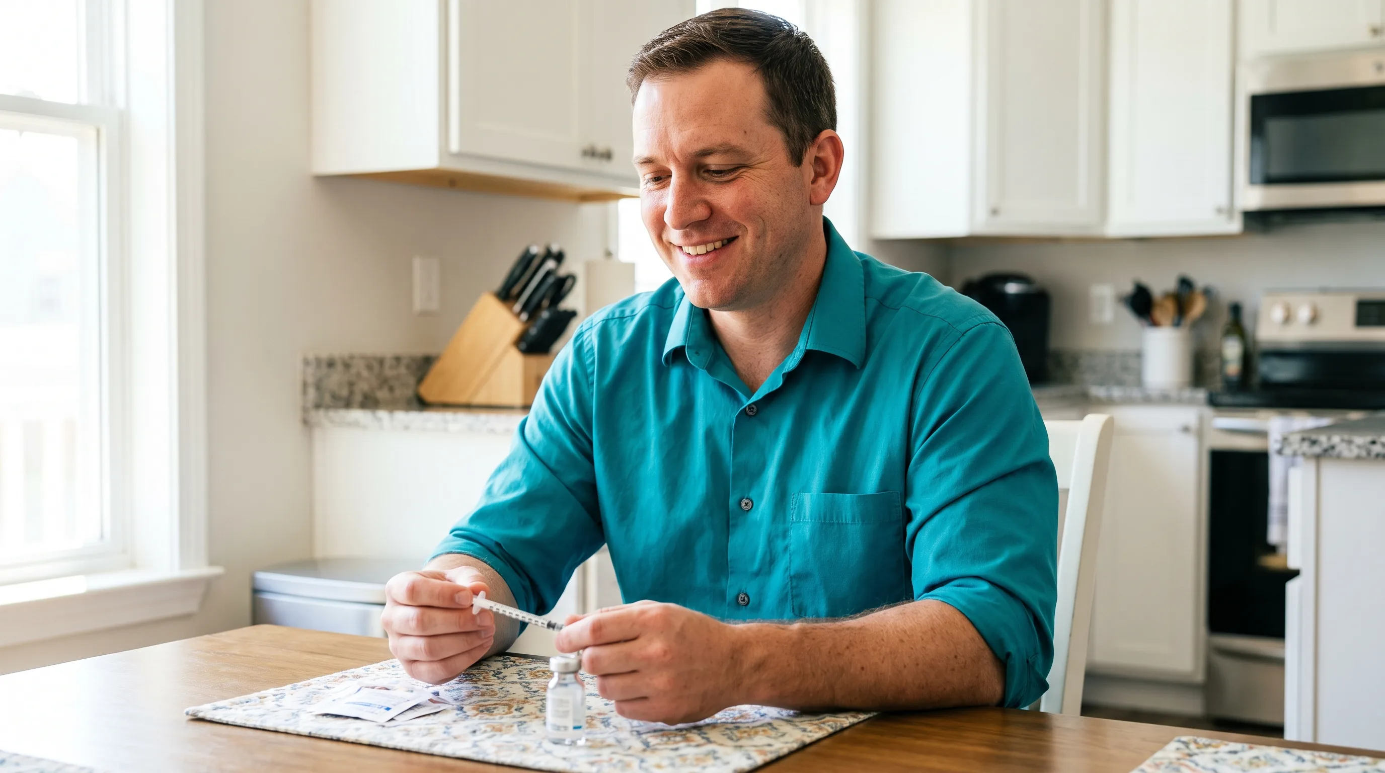 A careful person at a clean kitchen table preparing a subcutaneous injection, holding a thin insulin syringe next to a reconstituted vial on an organized surface with an alcohol wipe