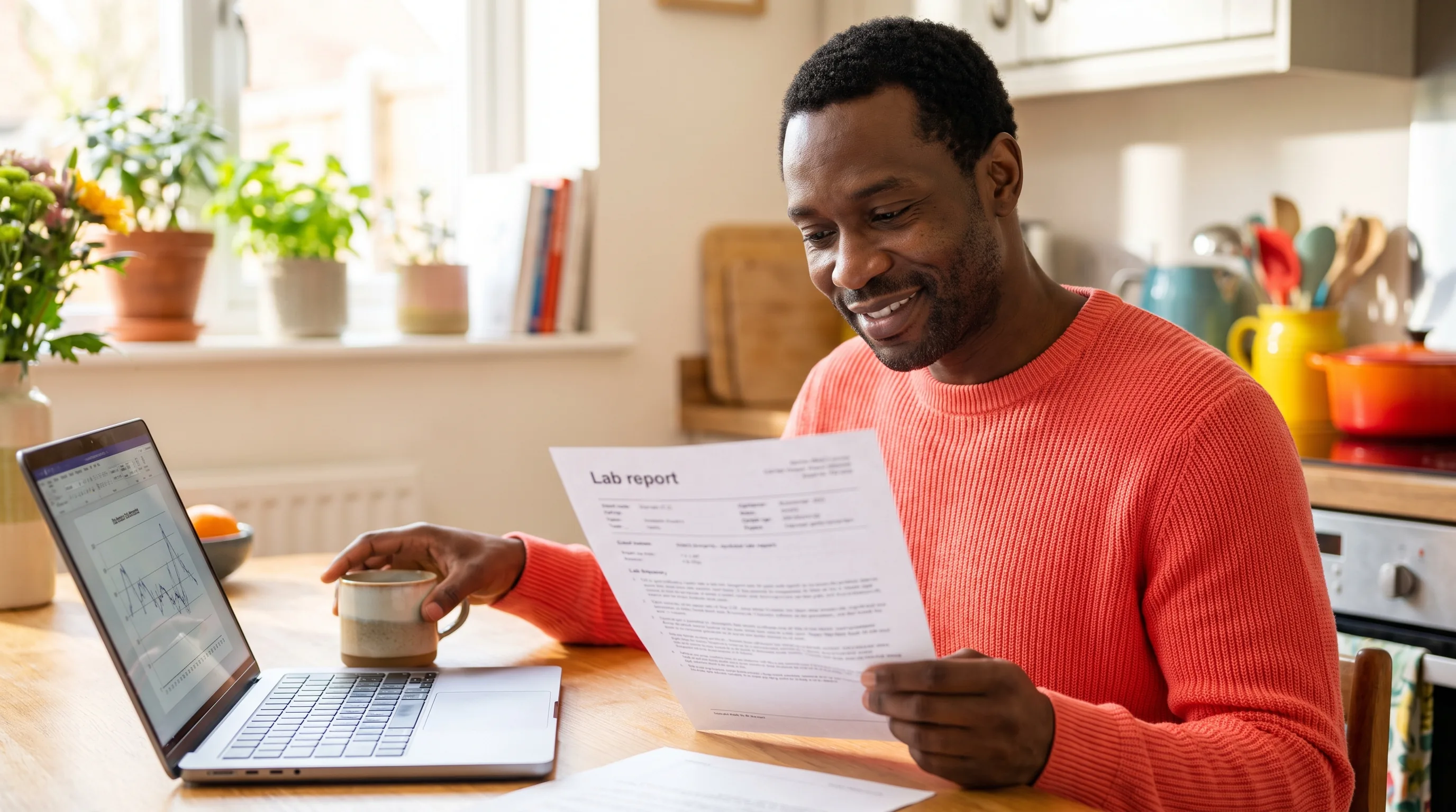 A careful person in their late 30s at a kitchen table, reading a printed lab report next to an open laptop, calm and focused