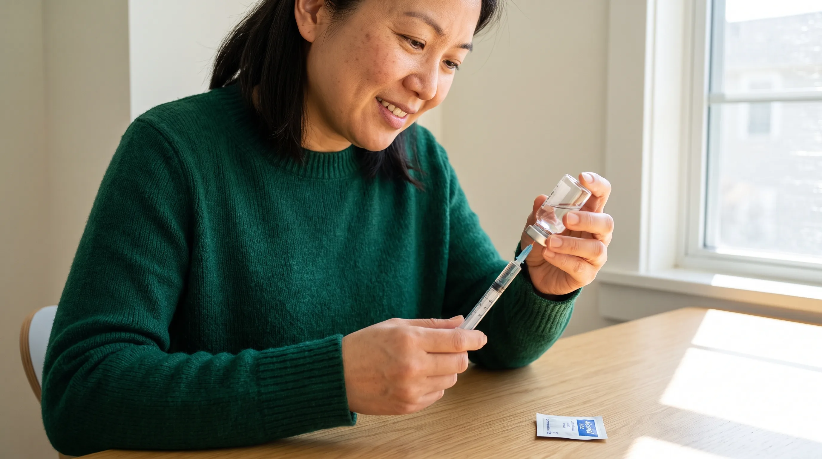Close, calm view of careful hands drawing bacteriostatic water into a syringe to reconstitute a peptide vial on a clean, organized surface with an alcohol wipe nearby