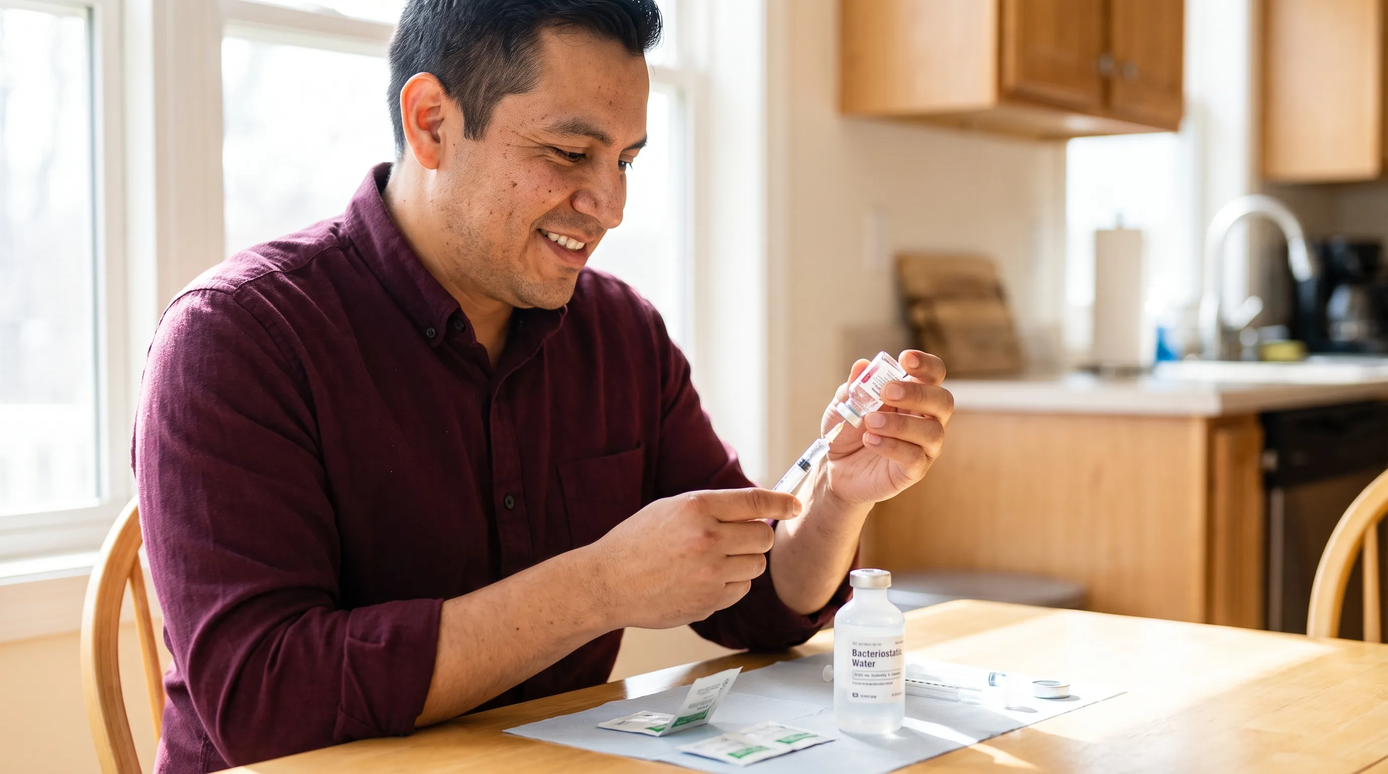 A careful person at a clean kitchen table reconstituting a peptide vial, drawing bacteriostatic water into a syringe on an organized surface with alcohol wipes