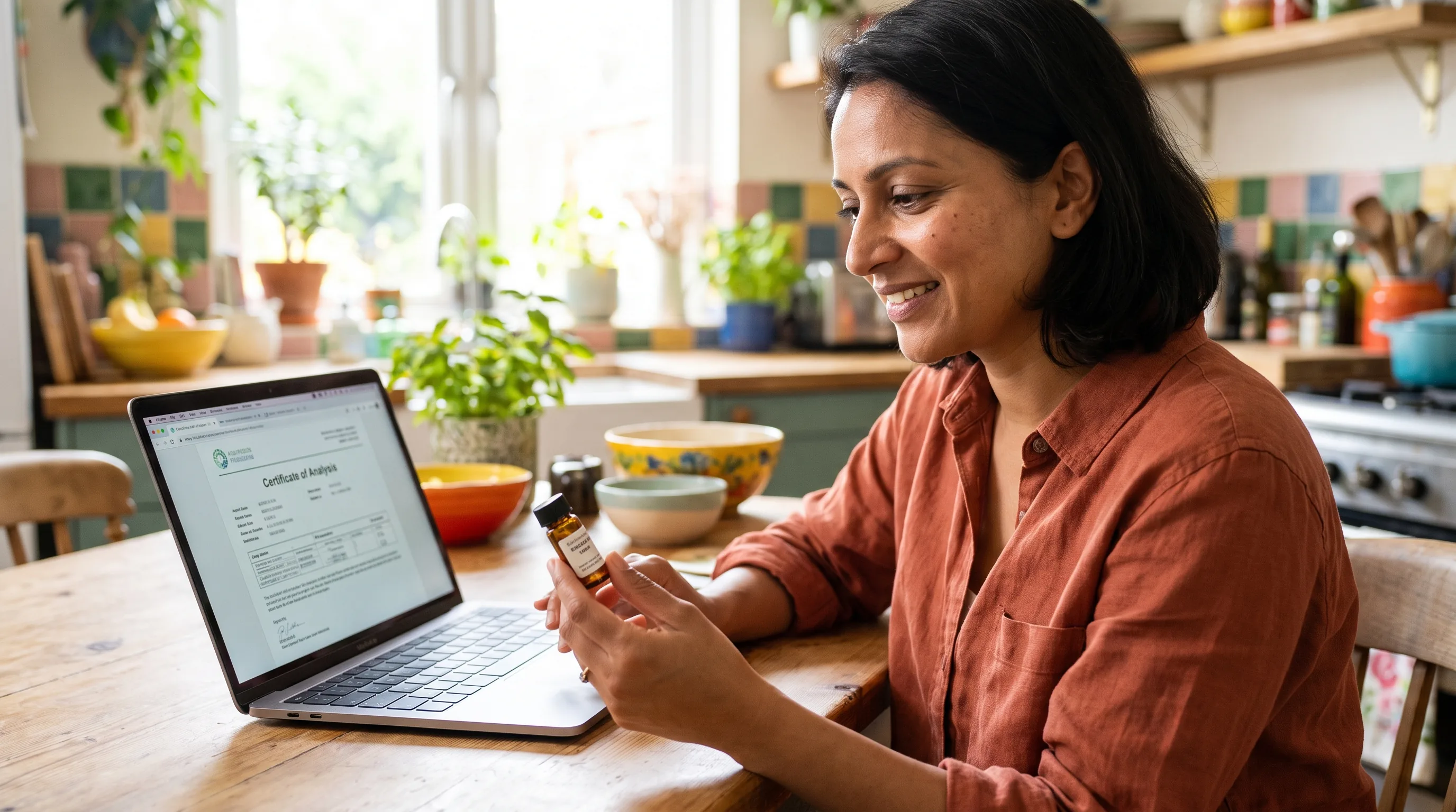 A thoughtful person in their thirties at a kitchen table, laptop open, calmly comparing a peptide certificate of analysis on screen against a labeled vial