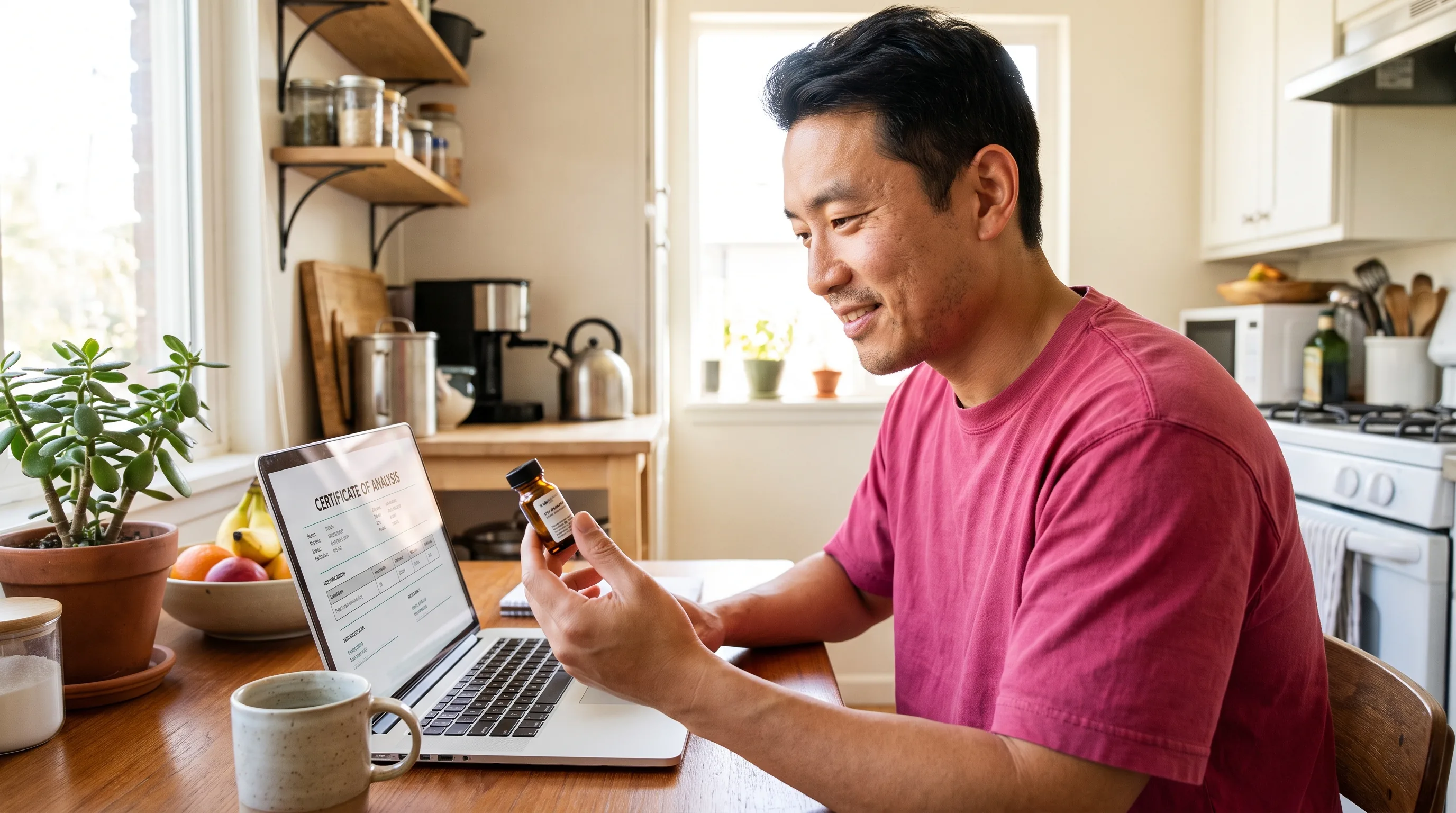 A thoughtful person in their thirties at a kitchen table, laptop open, calmly comparing a peptide certificate of analysis on screen against a labeled vial