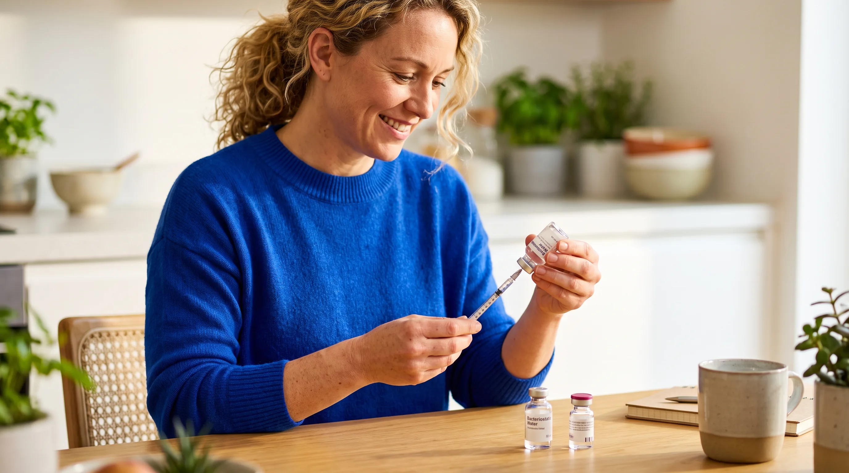 Careful hands at a clean, organized surface drawing bacteriostatic water into an insulin syringe to reconstitute a peptide vial, calm and precise