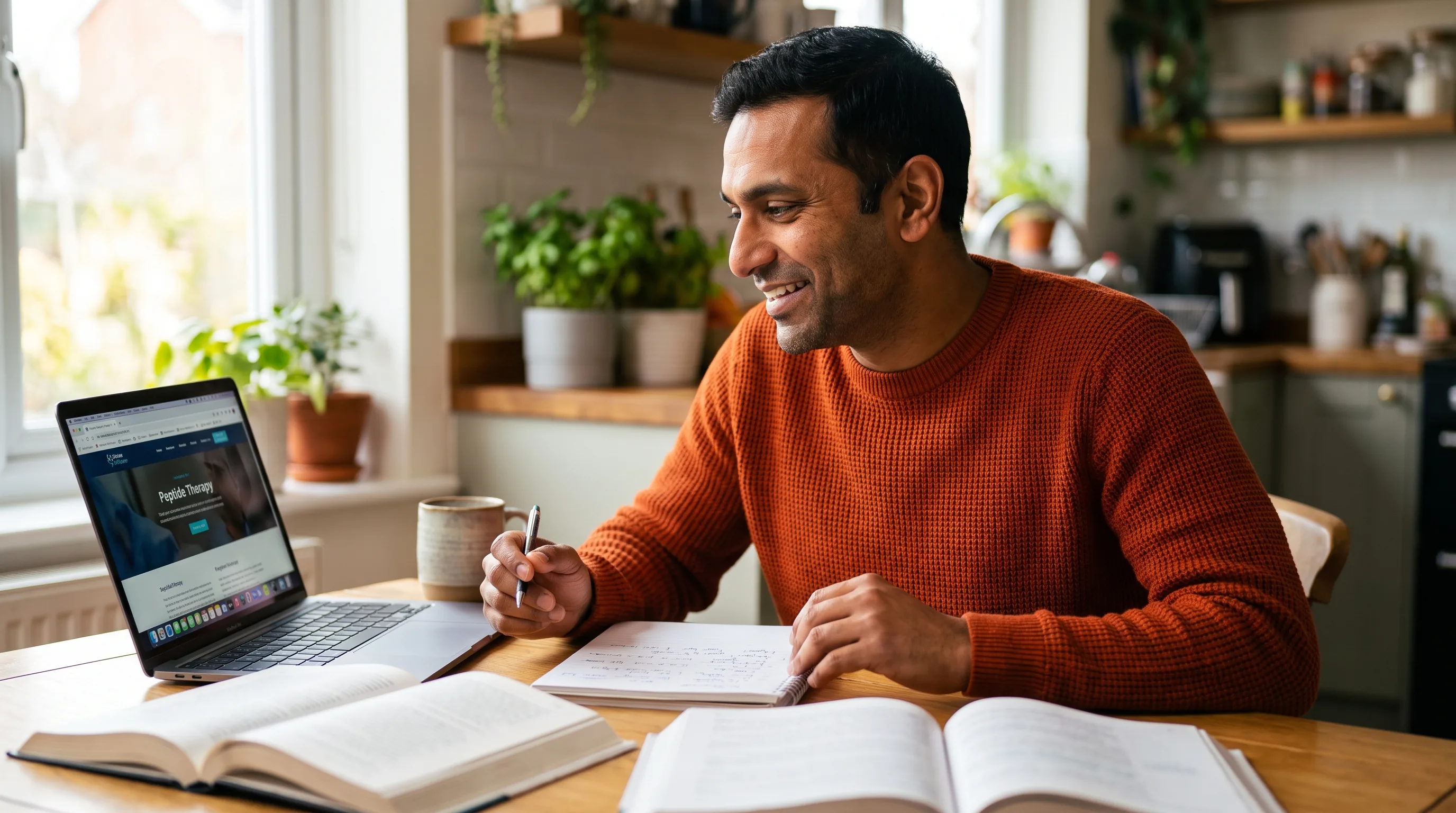 A thoughtful person in their late thirties sitting at a clean kitchen table with a laptop and a notebook, calmly researching peptide therapy in soft daylight