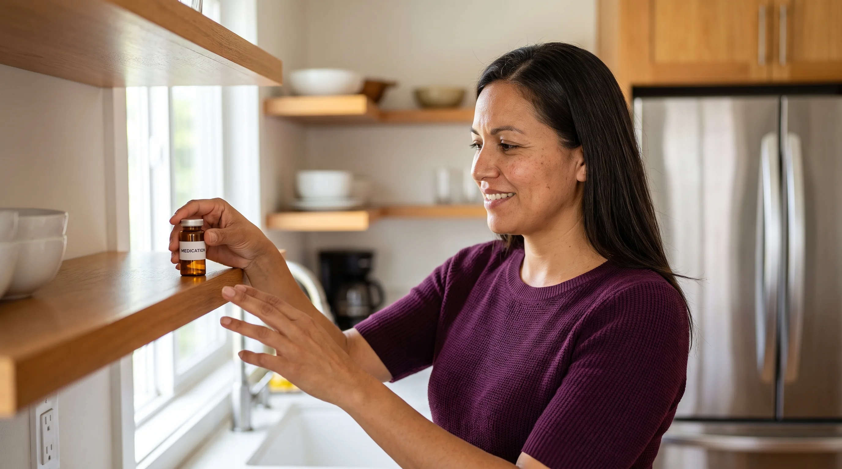 A calm, careful person in a clean kitchen placing a small labeled medication vial on the middle shelf of a refrigerator, unhurried and organized