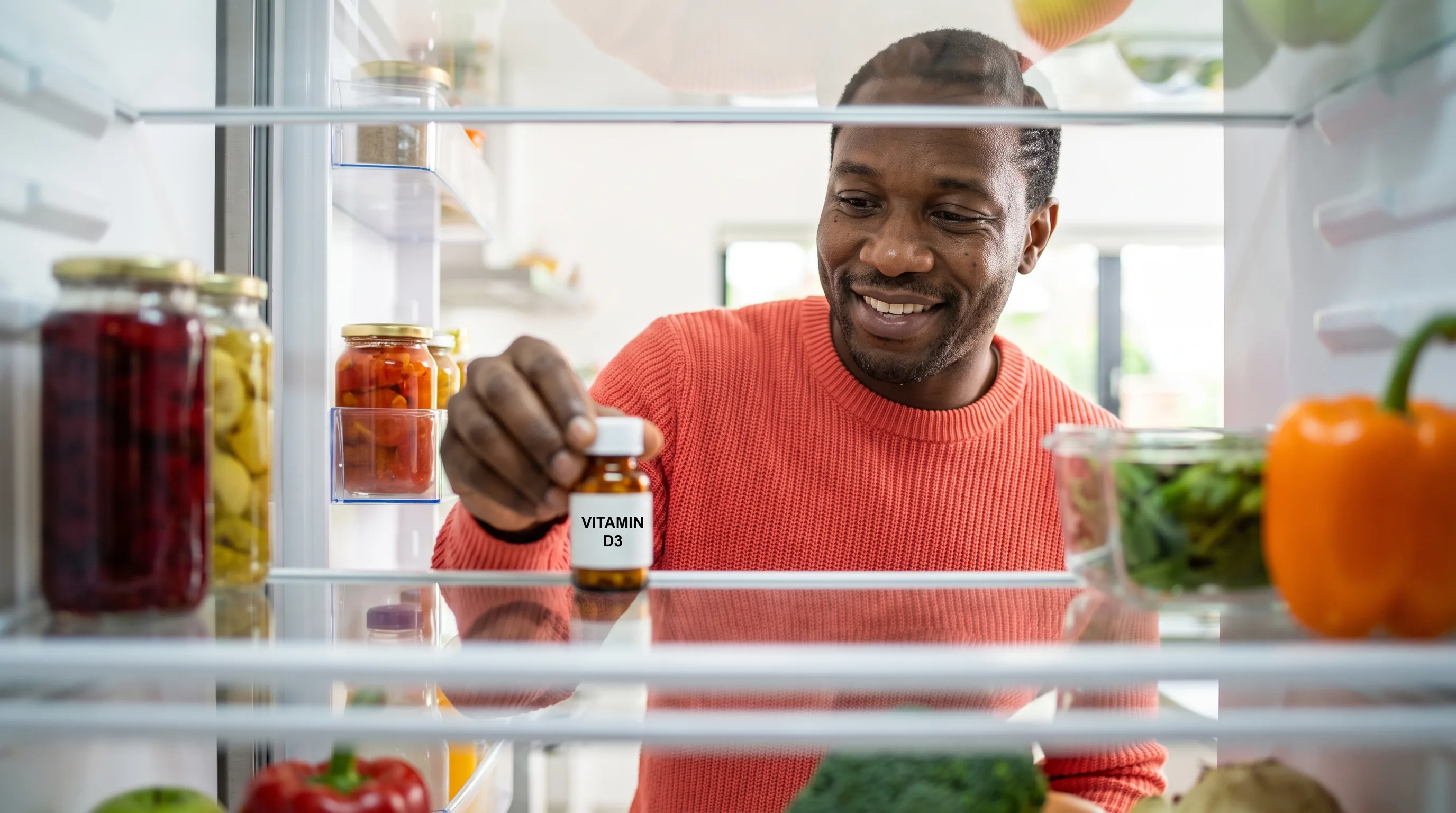 A calm, careful person in a clean kitchen placing a small labeled medication vial on the middle shelf of a refrigerator, thoughtful and unhurried