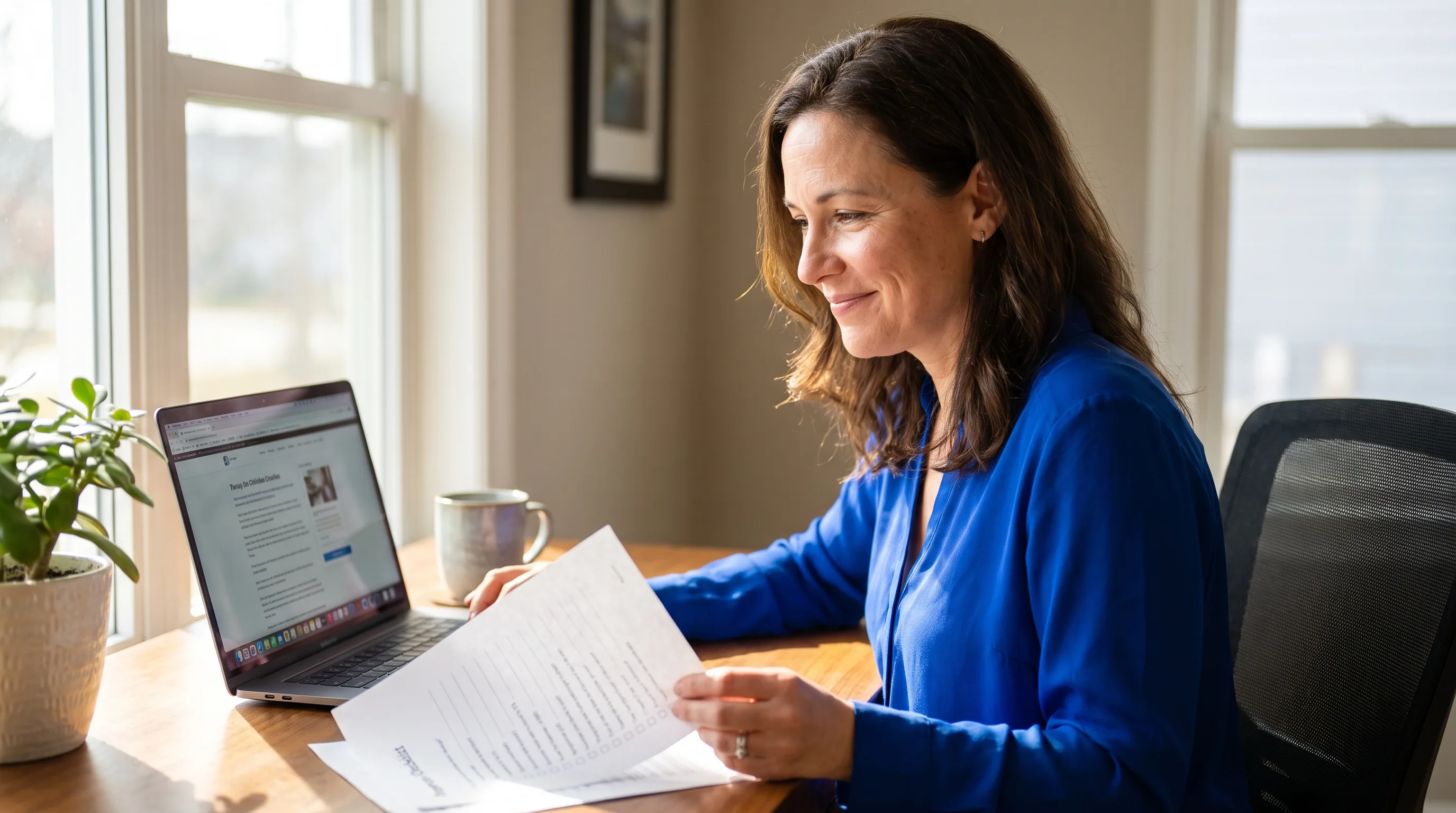A thoughtful woman in her 40s at a laptop, comparing a provider's pharmacy and certification details against a checklist in a calm, well-lit room