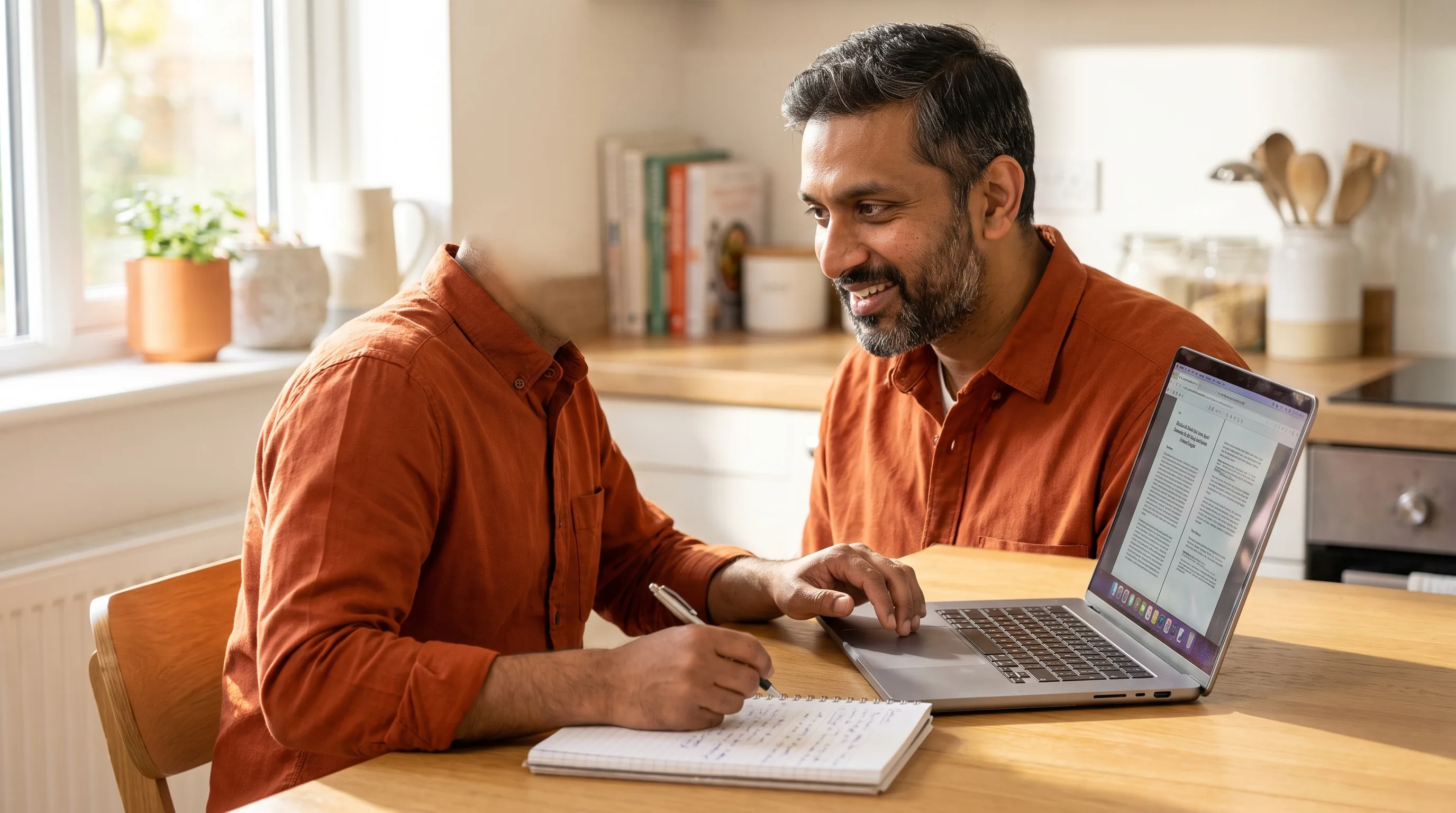 A careful person in their late 30s sits at a clean kitchen table with a laptop, reading and comparing notes as they research whether a peptide source is legitimate