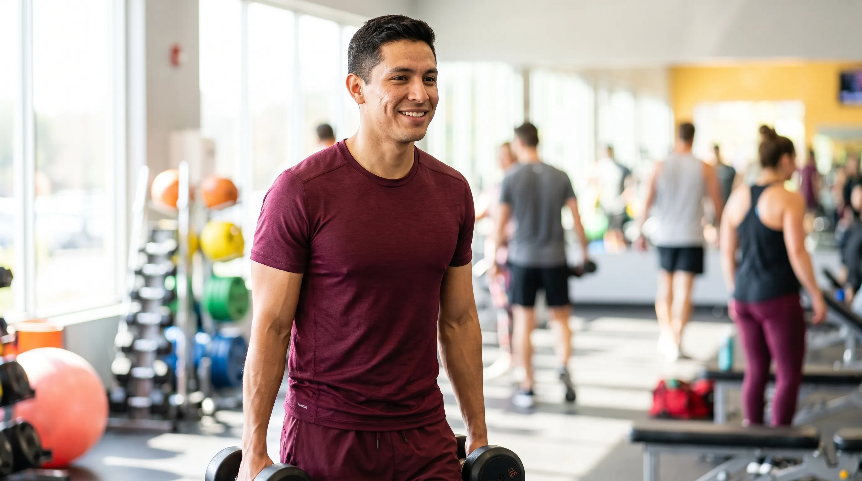 A lean, athletic man in their 20s carrying dumbbells in a gym