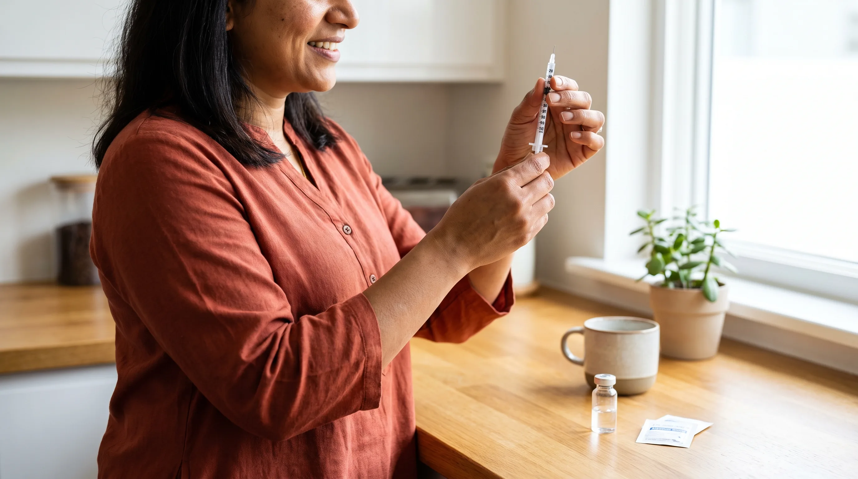A calm, careful at-home prep moment: a person's hands hold a U-100 insulin syringe upright at eye level to read the unit lines, with a reconstituted vial and an alcohol wipe on a clean, organized kitchen counter in soft daylight.