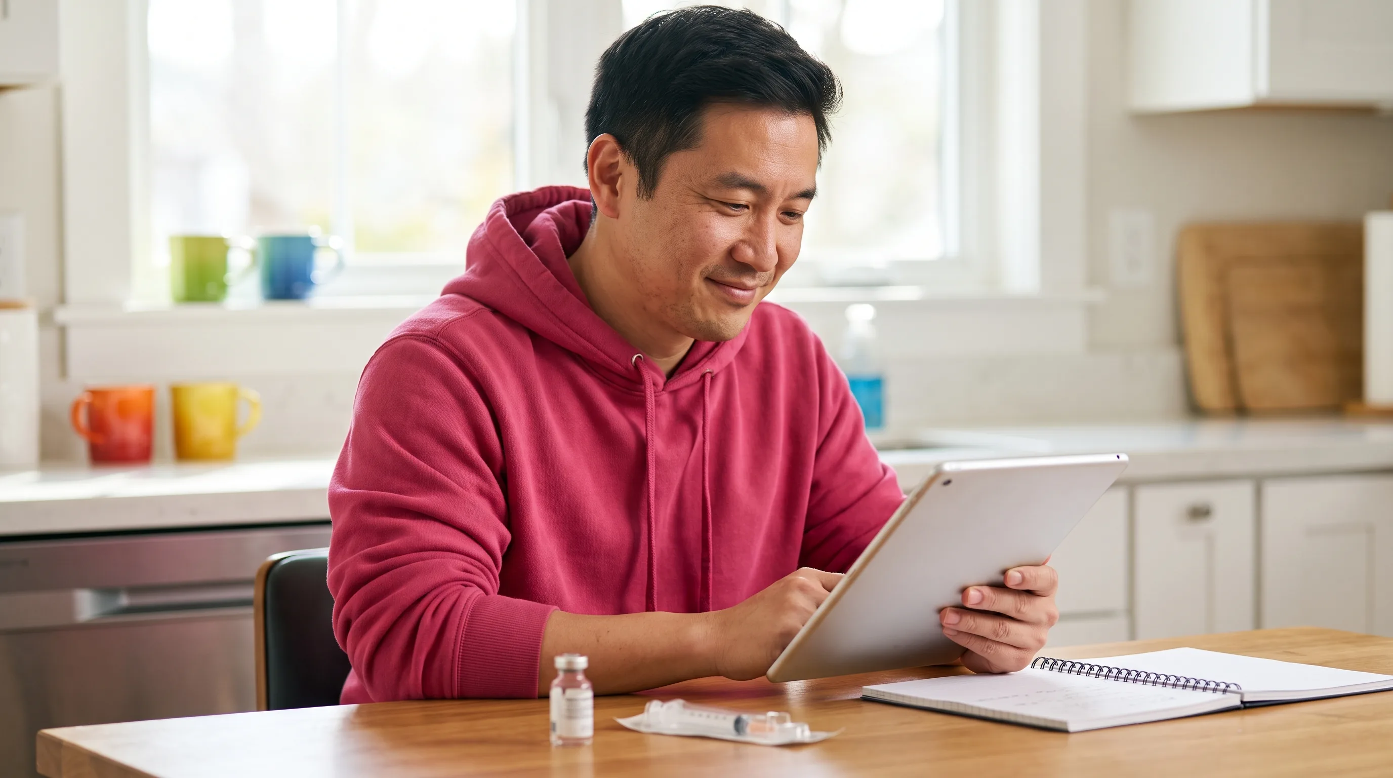 A thoughtful person in their early 40s sits at a clean, sunlit kitchen table reading dosing notes on a tablet before an at-home prep, calm and unhurried, a small vial and a fresh syringe set neatly beside a notebook.