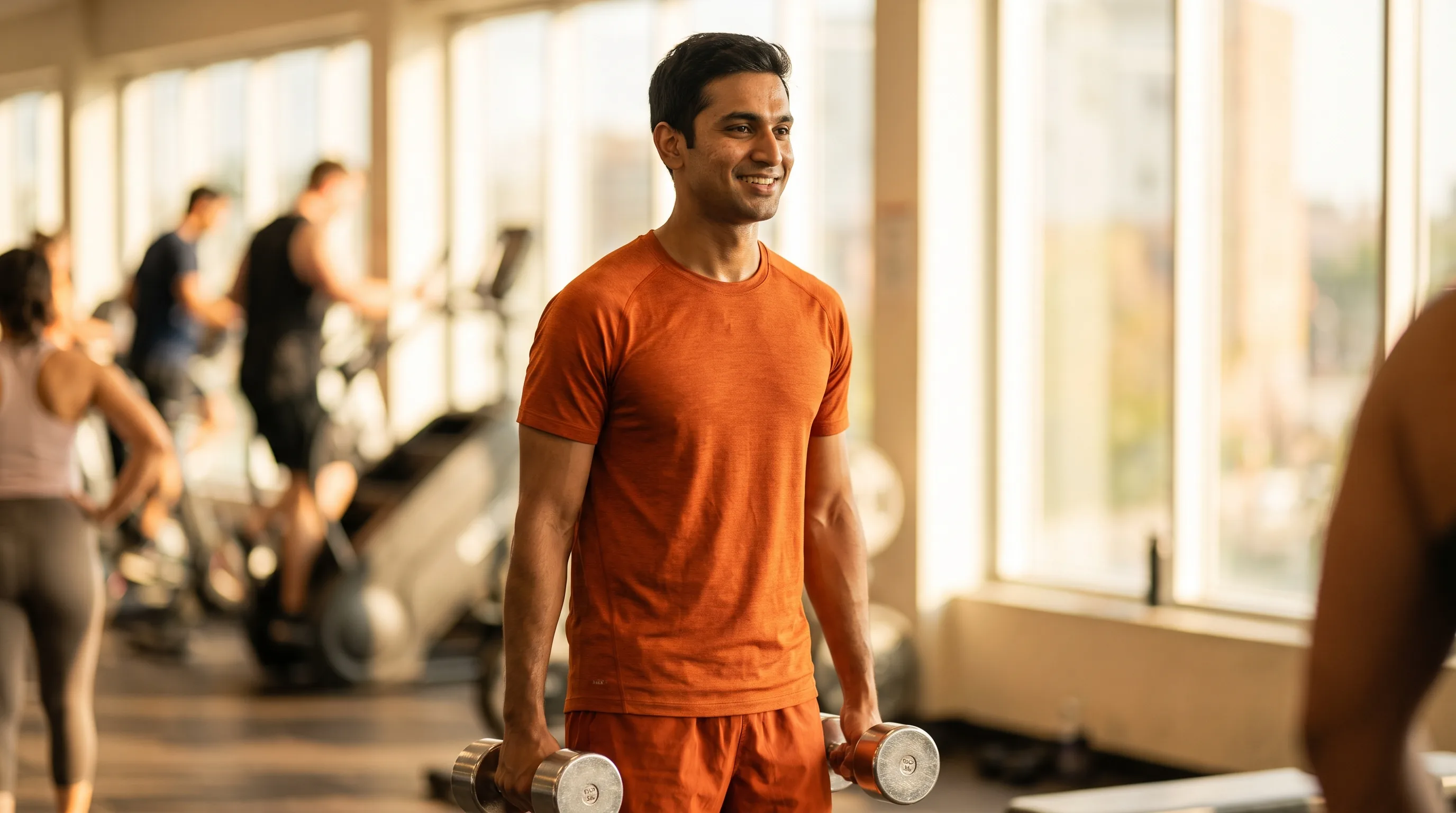 A lean, athletic man in their 20s carrying dumbbells in a gym