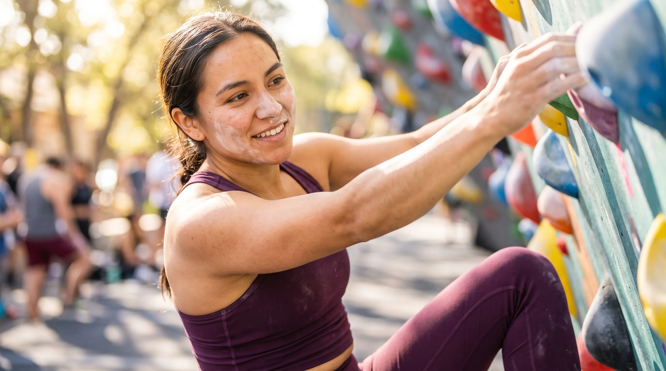 A lean, athletic woman in their 20s climbing a bouldering wall