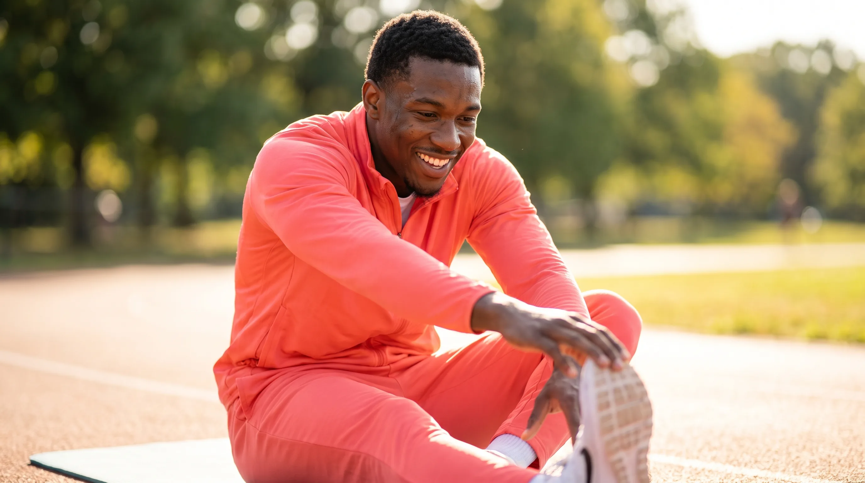 A lean, athletic man in their 20s stretching after training