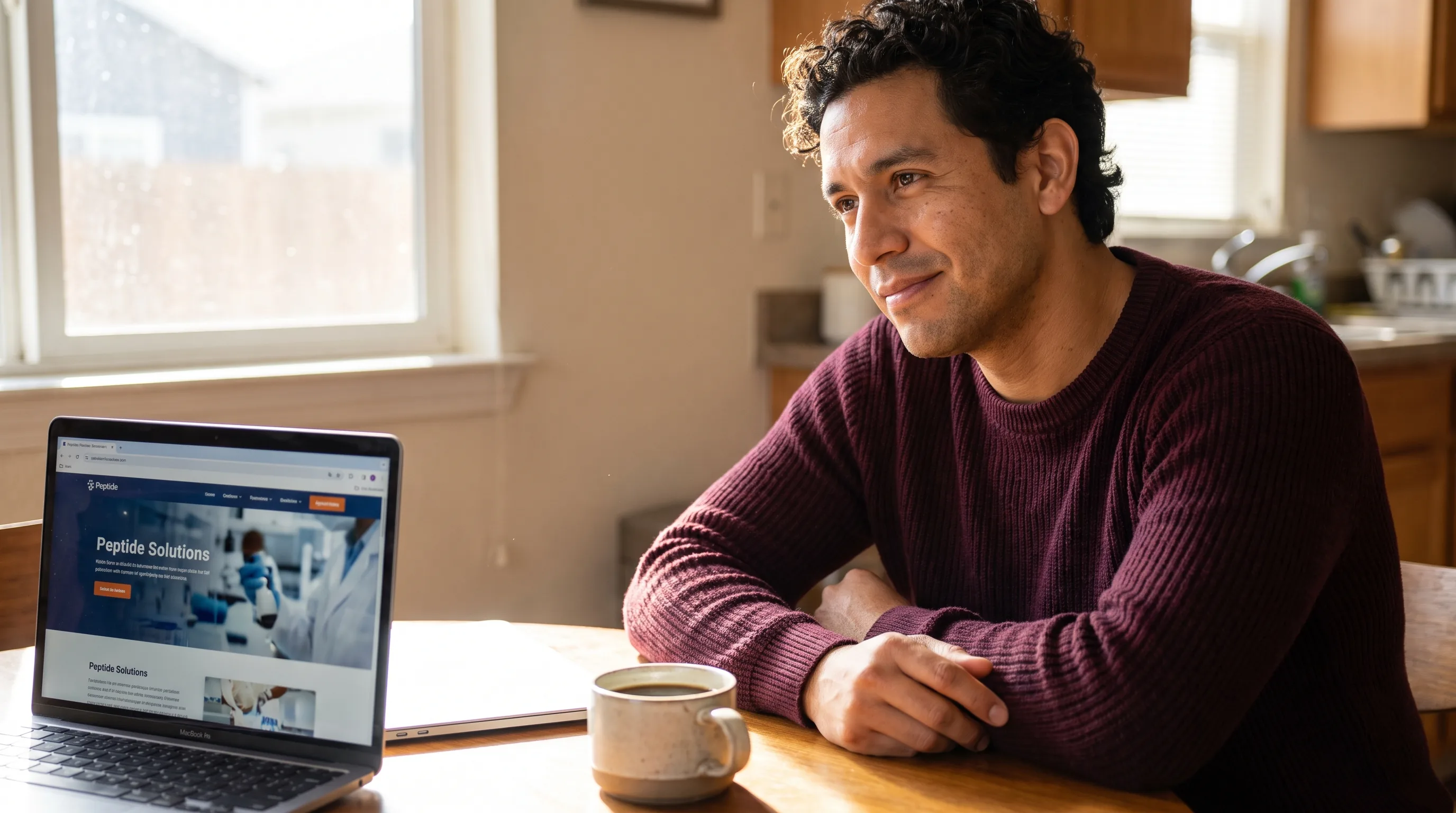A calm, sunlit scene of an adult at home comparing options on a laptop, deciding to choose the overseen path for their health