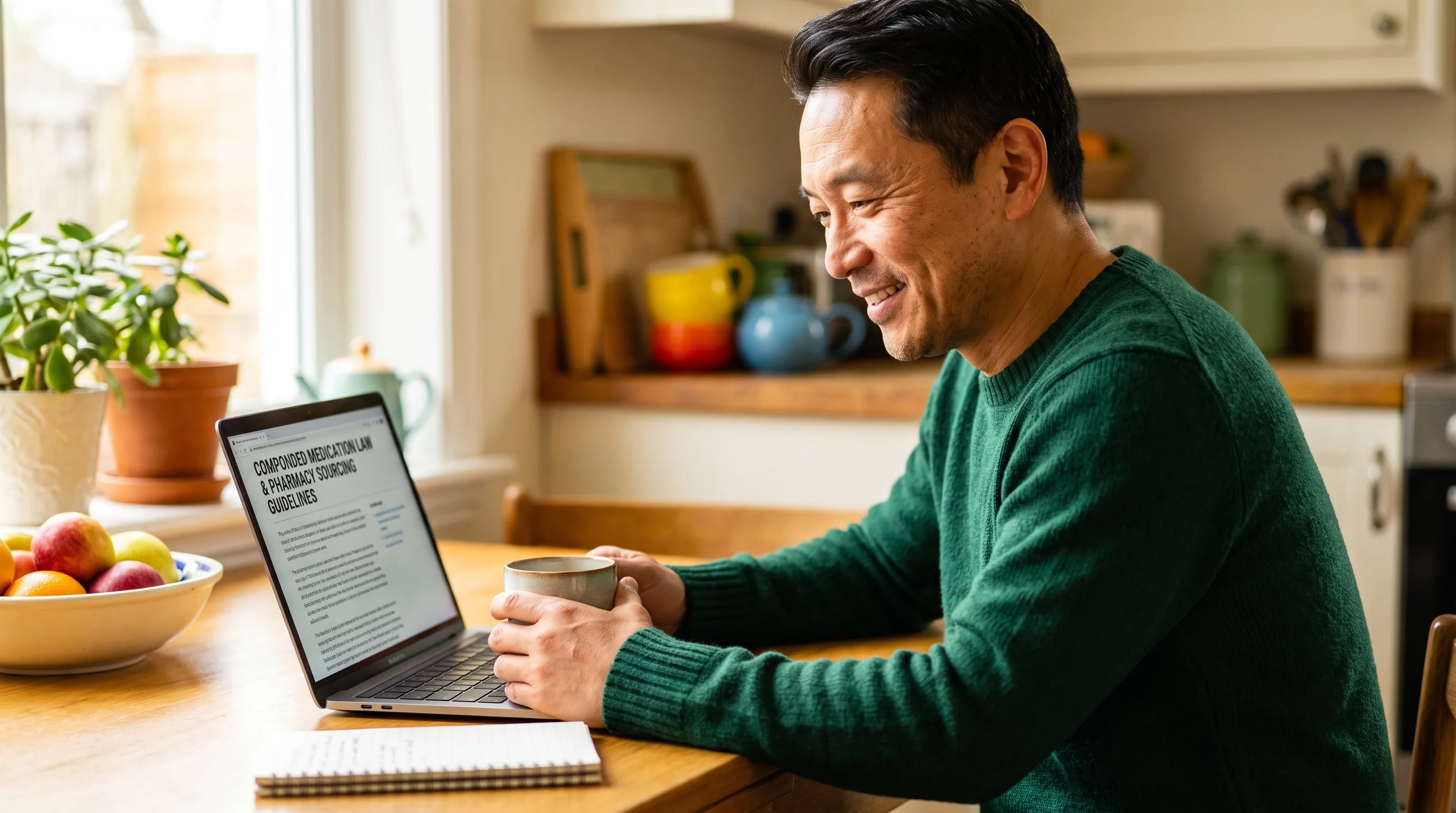 A thoughtful man in his forties at a kitchen table, reading about compounded medication law and pharmacy sourcing on a laptop, a calm and careful research moment
