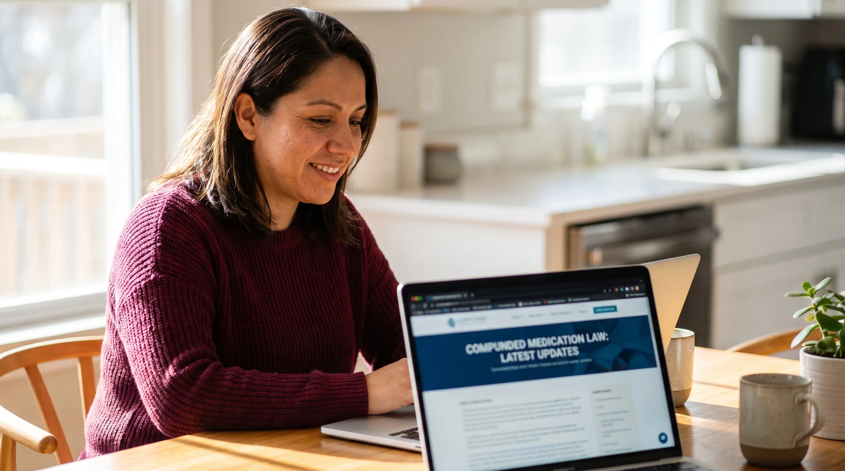 A thoughtful woman in her late thirties reading about compounded medication law on a laptop at a clean, sunlit kitchen table, a calm and considered moment