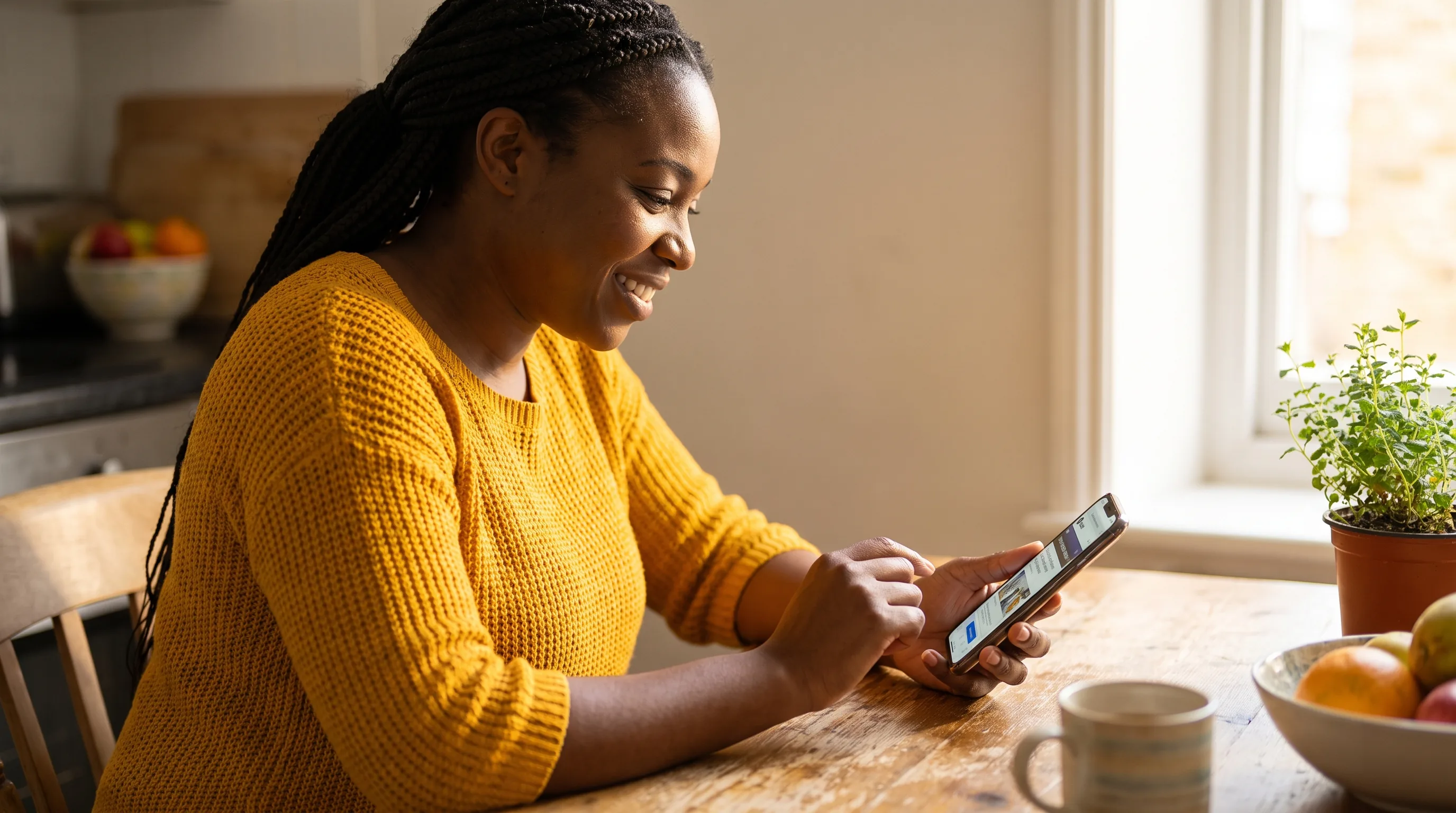 A calm, healthy adult in bright morning light reading on a phone at a kitchen table, the moment someone decides to check whether a peptide seller is legitimate before buying