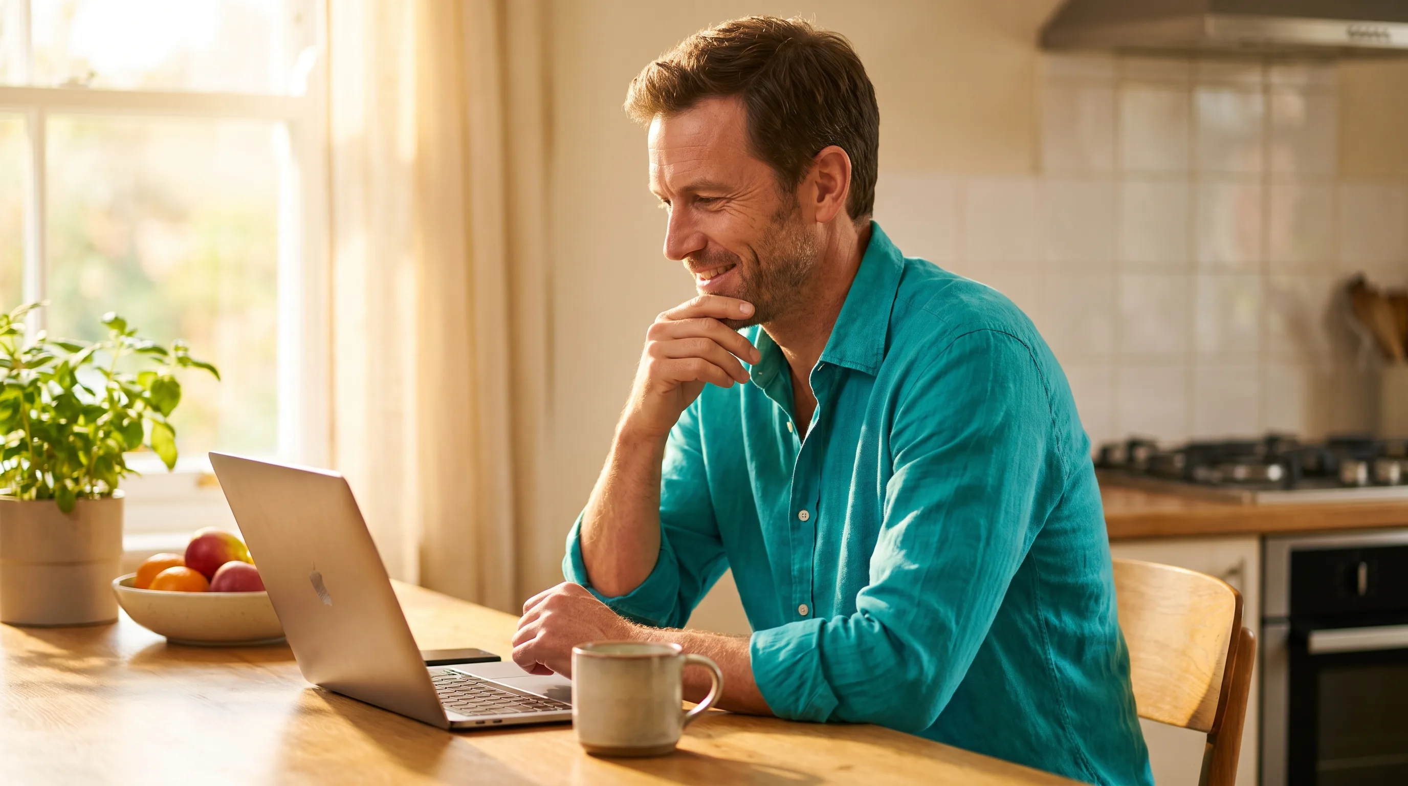 A calm, healthy adult in bright morning light at a kitchen table, laptop open, taking a careful moment to check a source before deciding how to buy