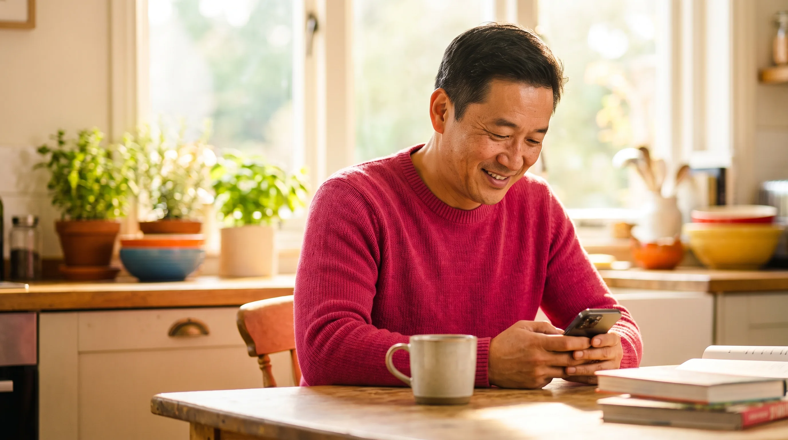A calm, healthy adult reading on a phone at a sunlit kitchen table in the morning, weighing whether a peptide seller is trustworthy before deciding what to do