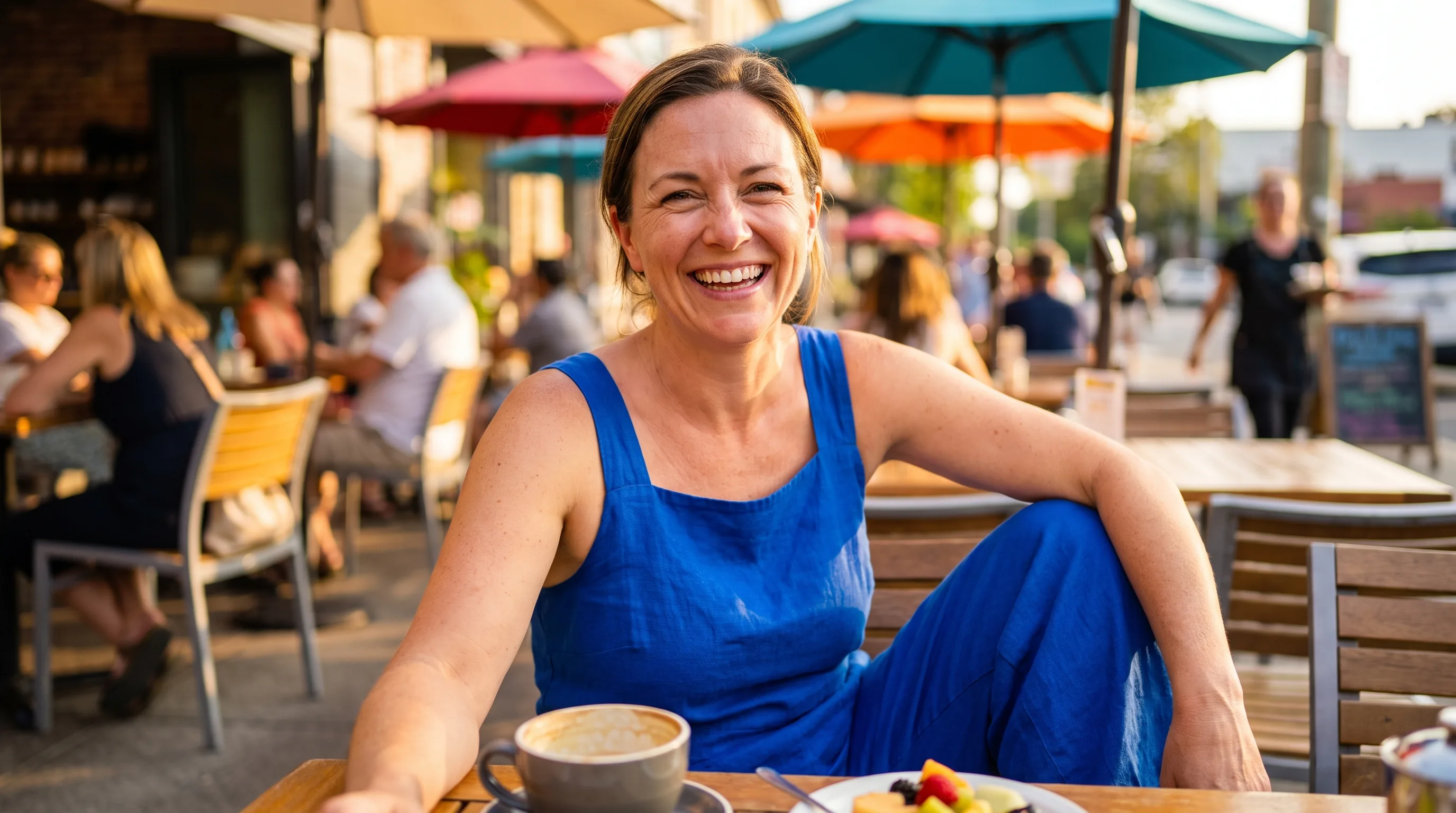 A cheerful, healthy woman in her forties laughing in warm golden light outside a bright cafe, relaxed and full of energy.