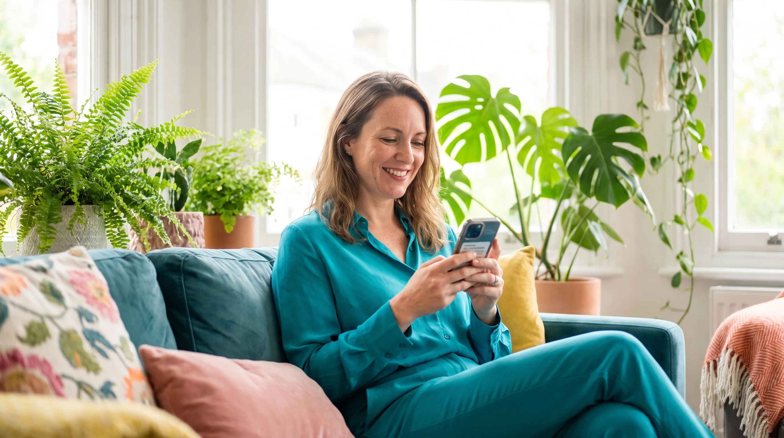 A cheerful, healthy woman in her thirties smiling at her phone in a bright, plant-filled living room, checking a company's credentials with a relaxed, reassured expression.