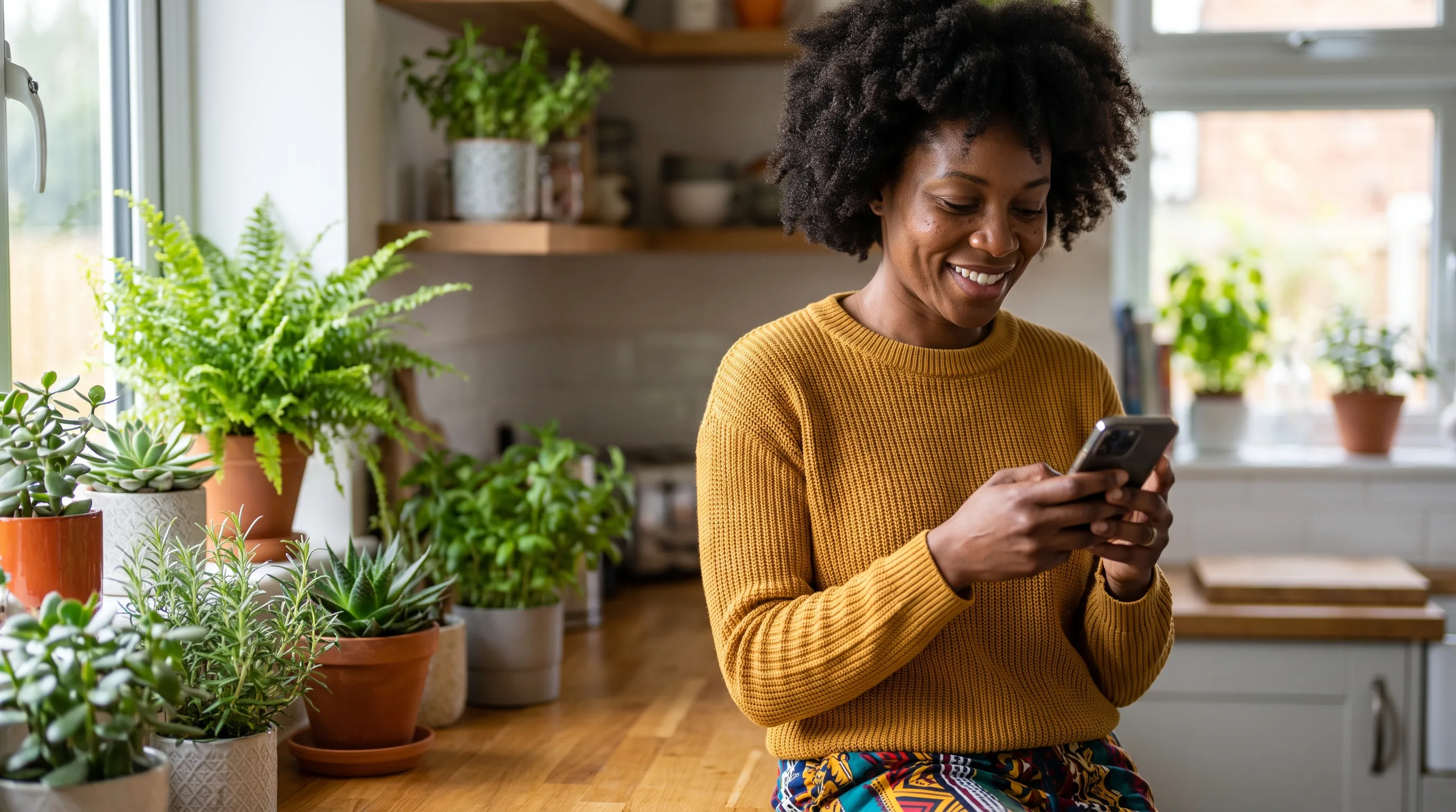 A cheerful, healthy woman in her thirties smiling at her phone in a bright, plant-filled kitchen, curious and reassured as she looks into whether pru is legit.