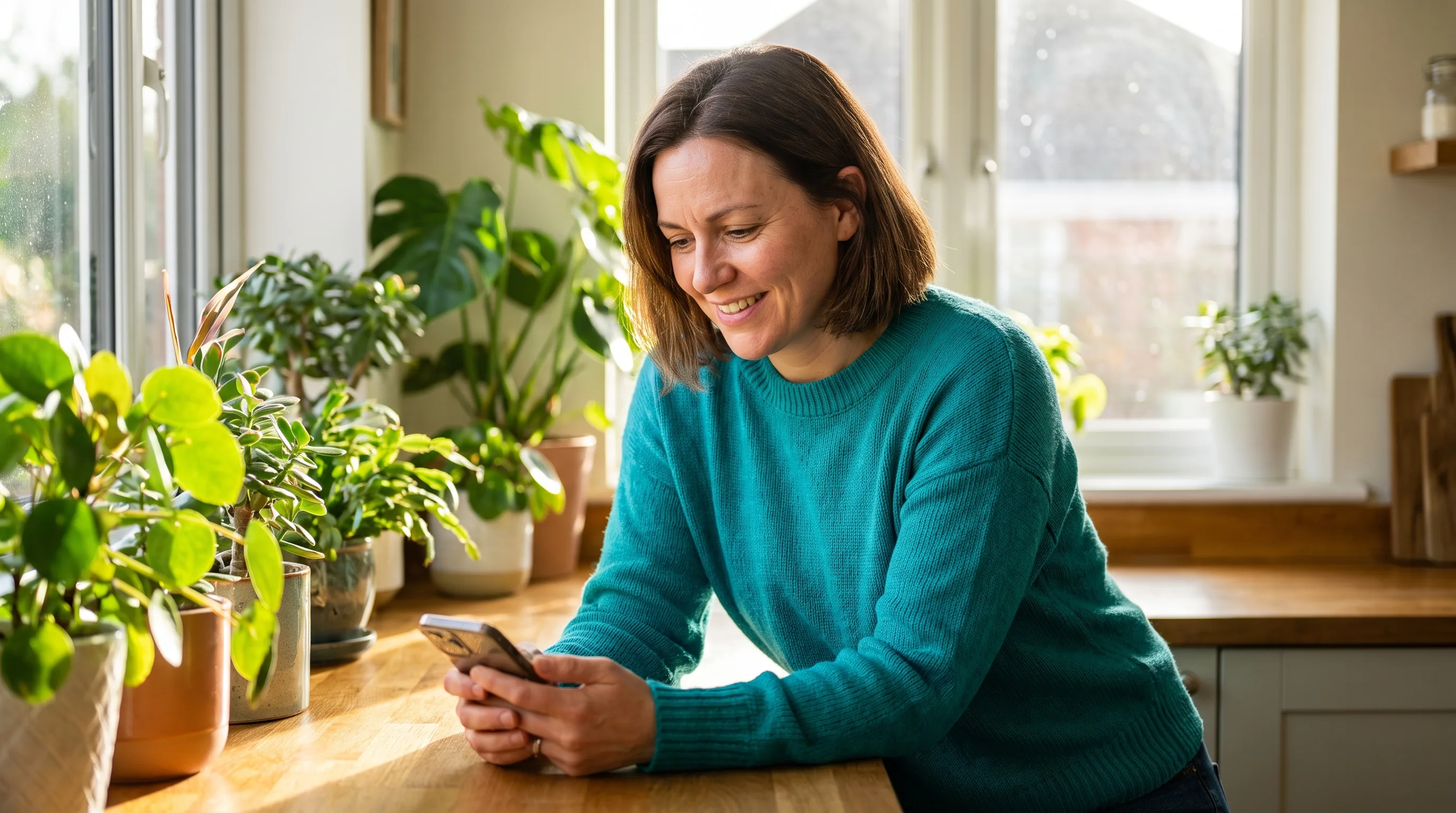 A cheerful, healthy woman in her thirties smiling at her phone in a bright, plant-filled kitchen, curious and reassured as she looks into whether pru is legit.