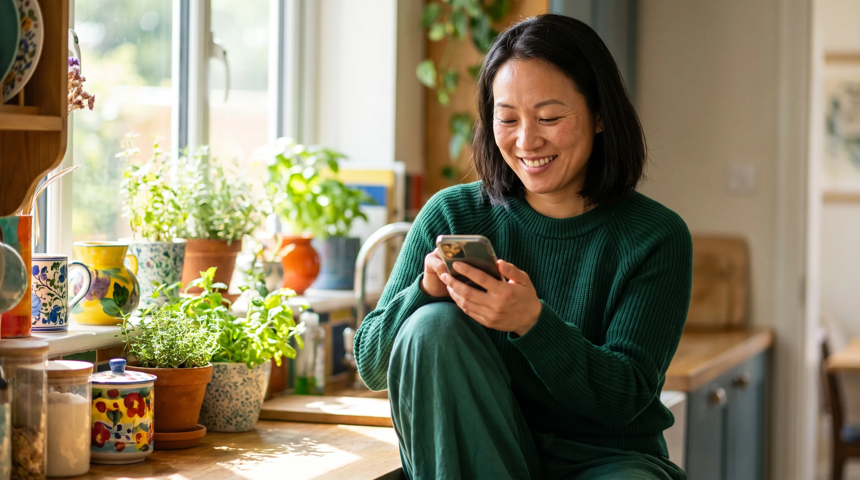 A cheerful, healthy woman in her thirties smiling in a bright, sunlit kitchen with plants, looking relaxed and reassured as she checks her phone.