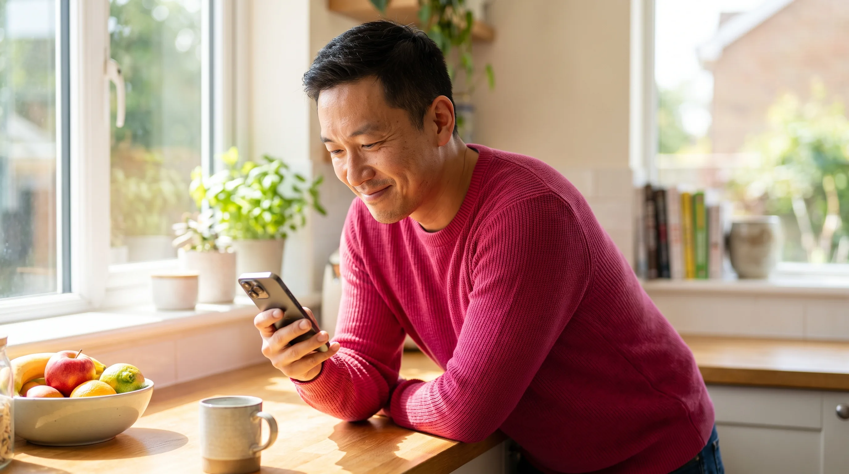 A warm, brightly lit photo of a curious, healthy adult in their thirties smiling while reading on a phone at a sunny kitchen counter, weighing whether pru is worth it.