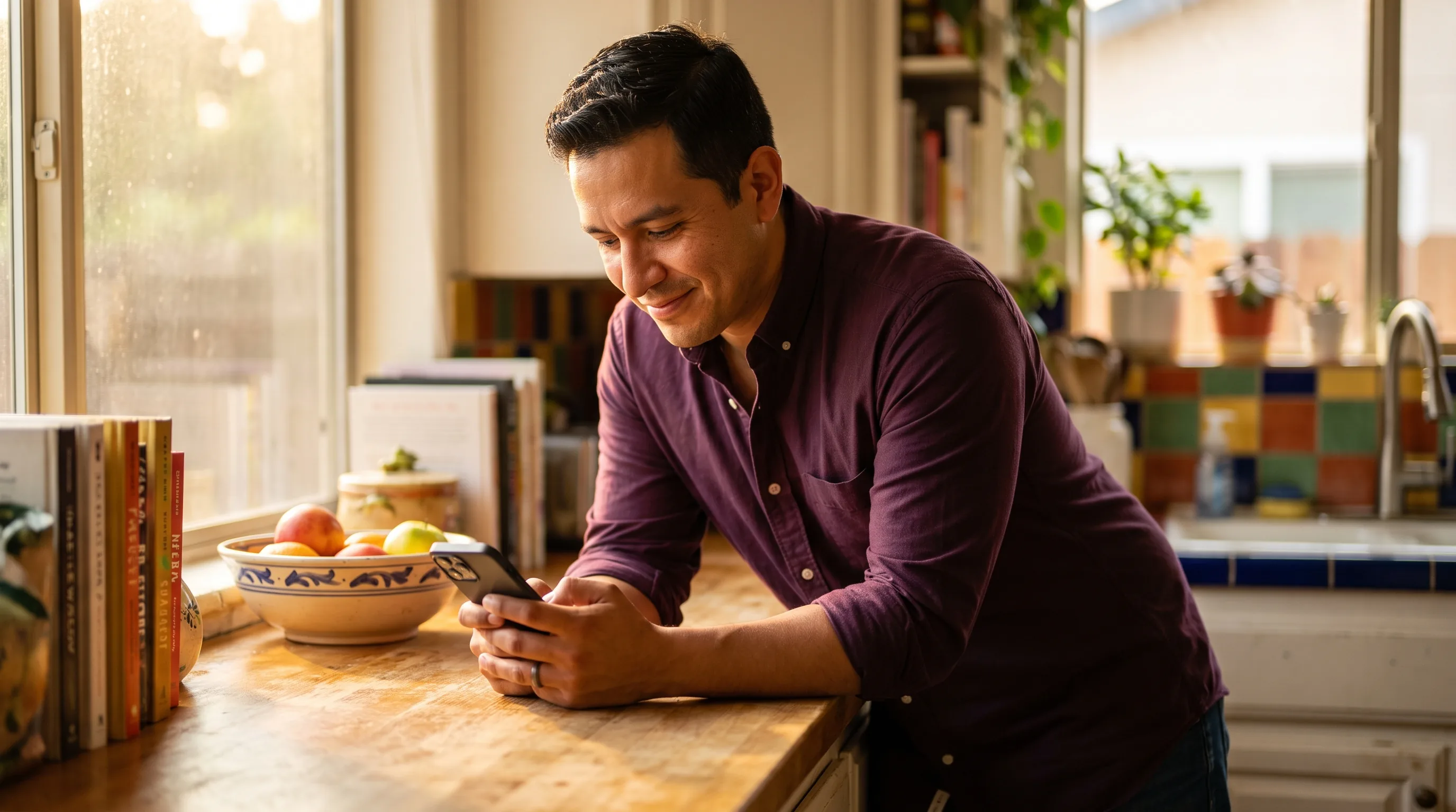 A warm, brightly lit photo of a curious, healthy adult in their thirties smiling while reading on a phone at a sunny kitchen counter, weighing whether pru is worth it.