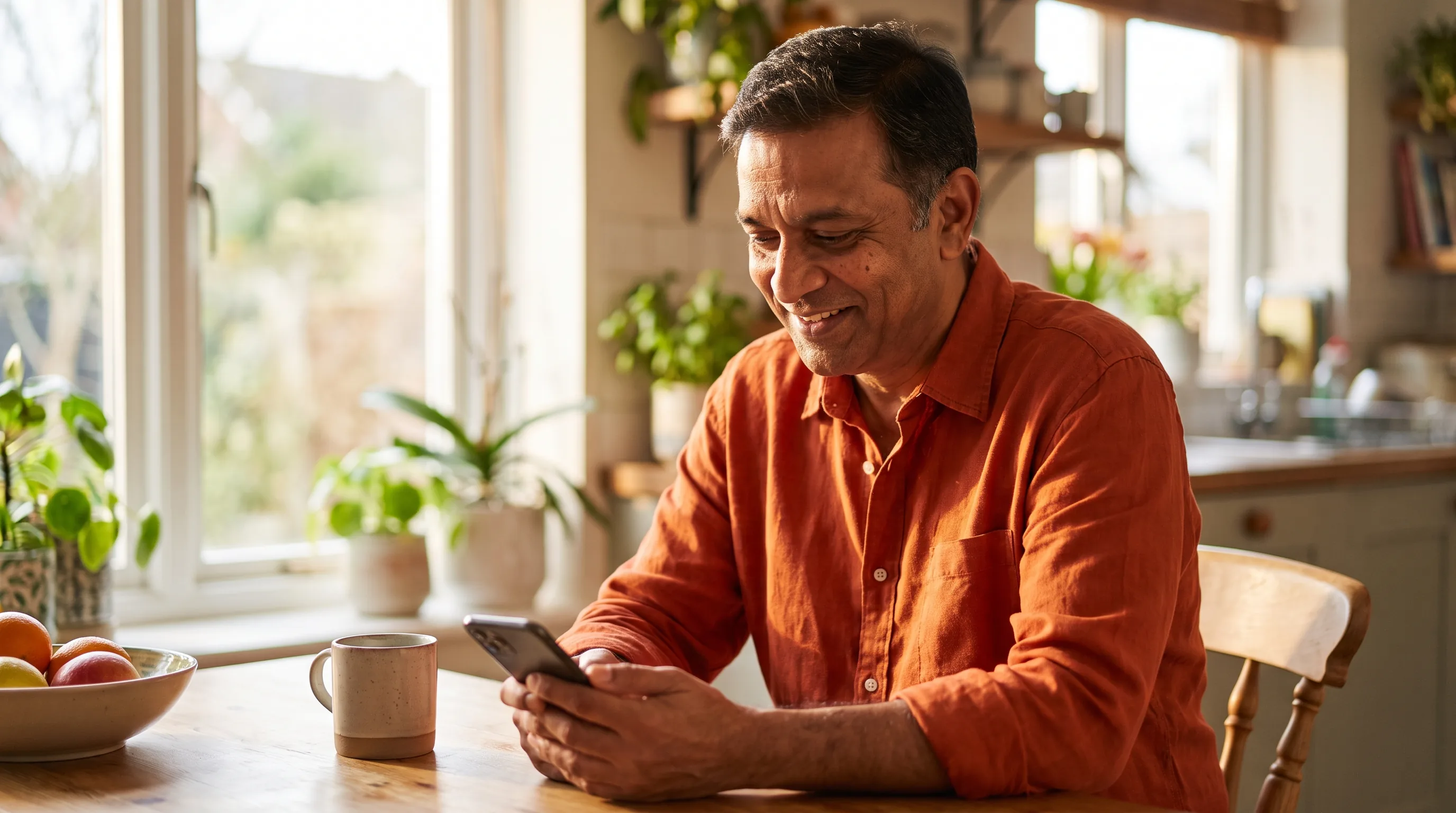 A calm, healthy adult in bright morning light reading on a phone at a sunlit kitchen table, weighing whether a peptide seller is trustworthy before deciding what to do