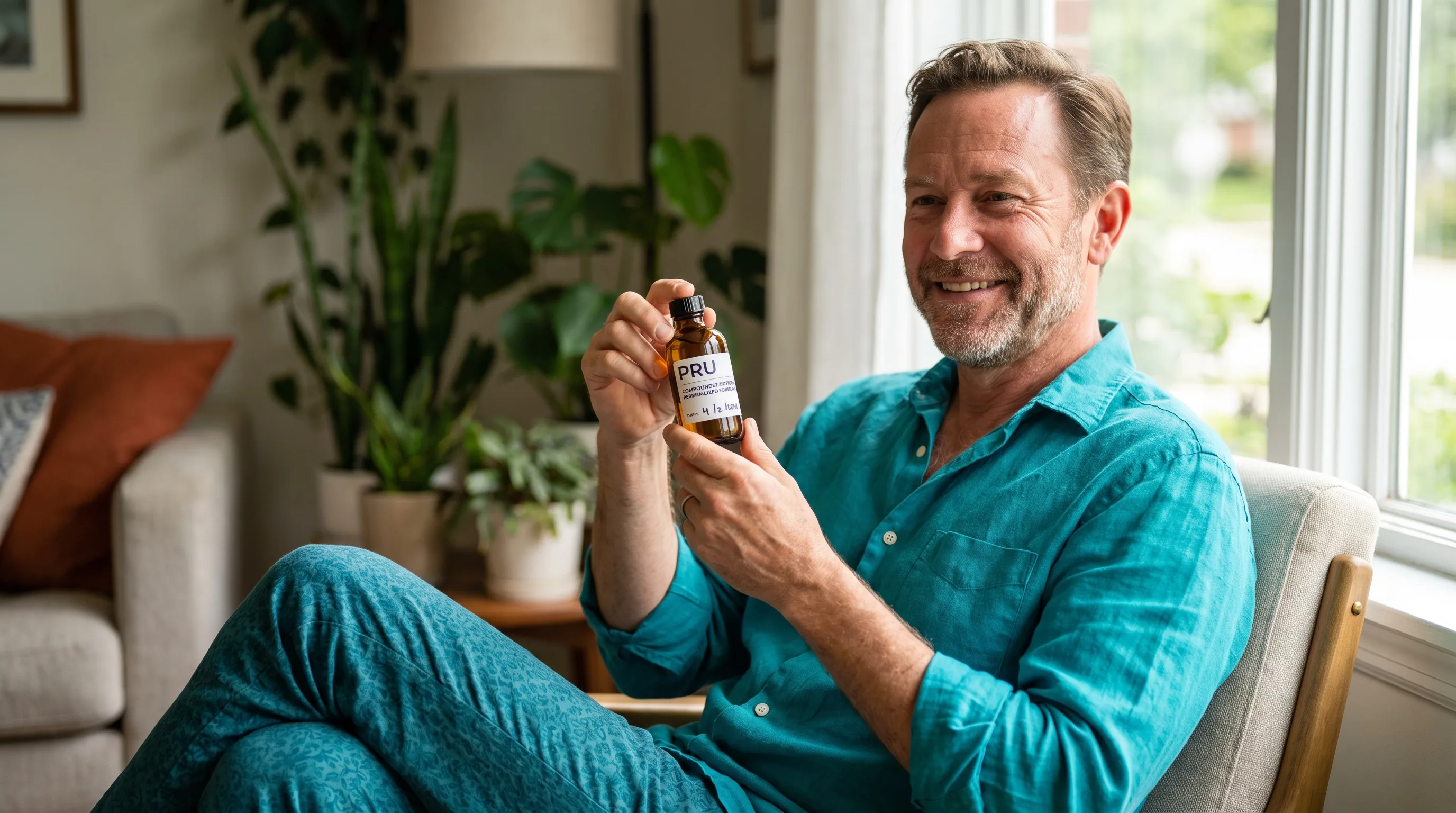 A healthy adult holding a pru compounded peptide at home, relaxed and content