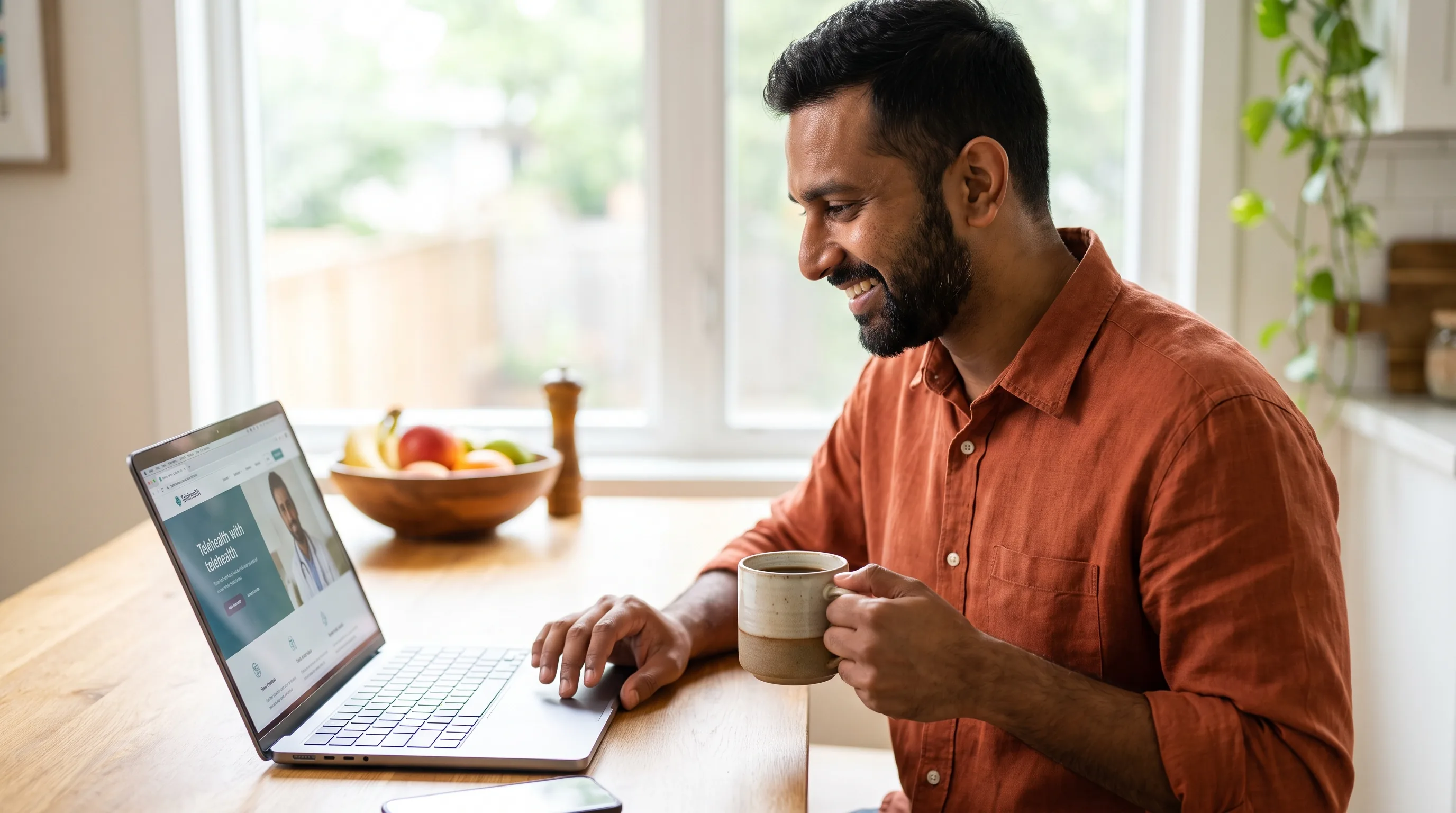 A warm, happy, healthy adult smiling with a coffee at a bright kitchen table, comparing telehealth options on a laptop
