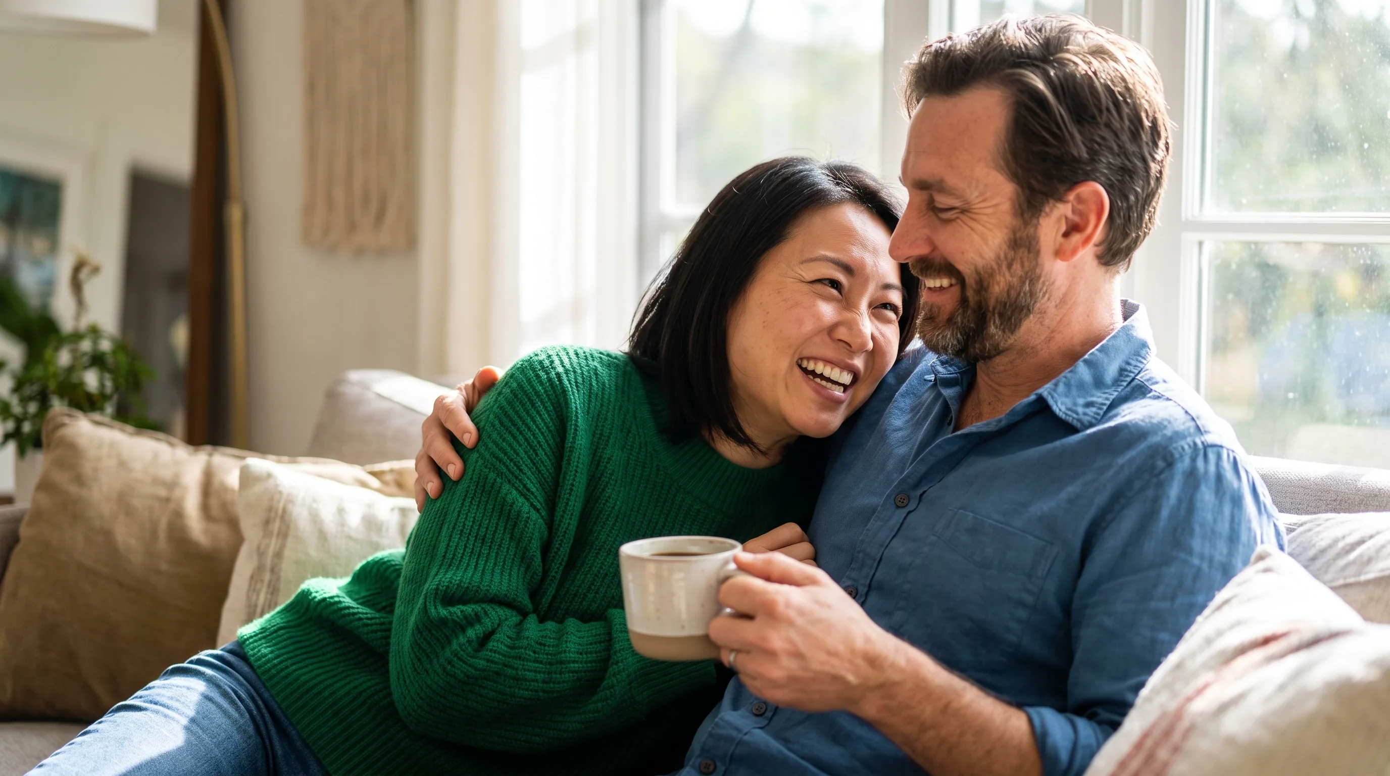 A confident, warm couple in their late thirties sharing a relaxed, affectionate morning at home, close and at ease together, fully clothed and non-explicit