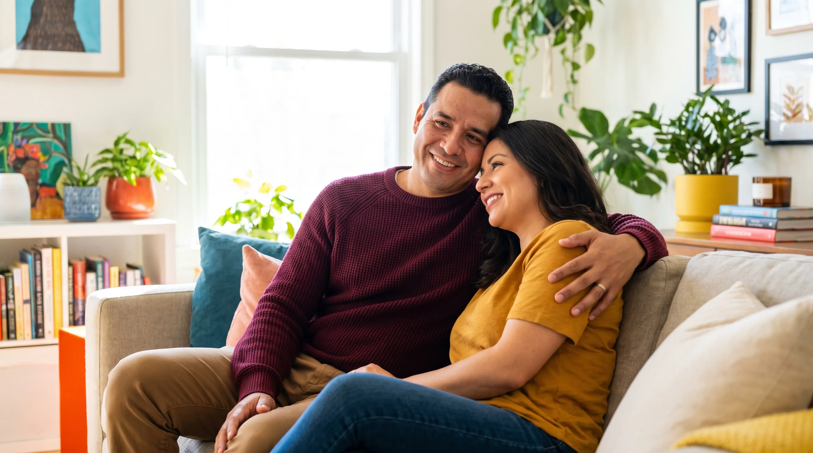 A confident, warm couple in their late thirties sharing a relaxed, affectionate morning at home, close and at ease together, fully clothed and non-explicit