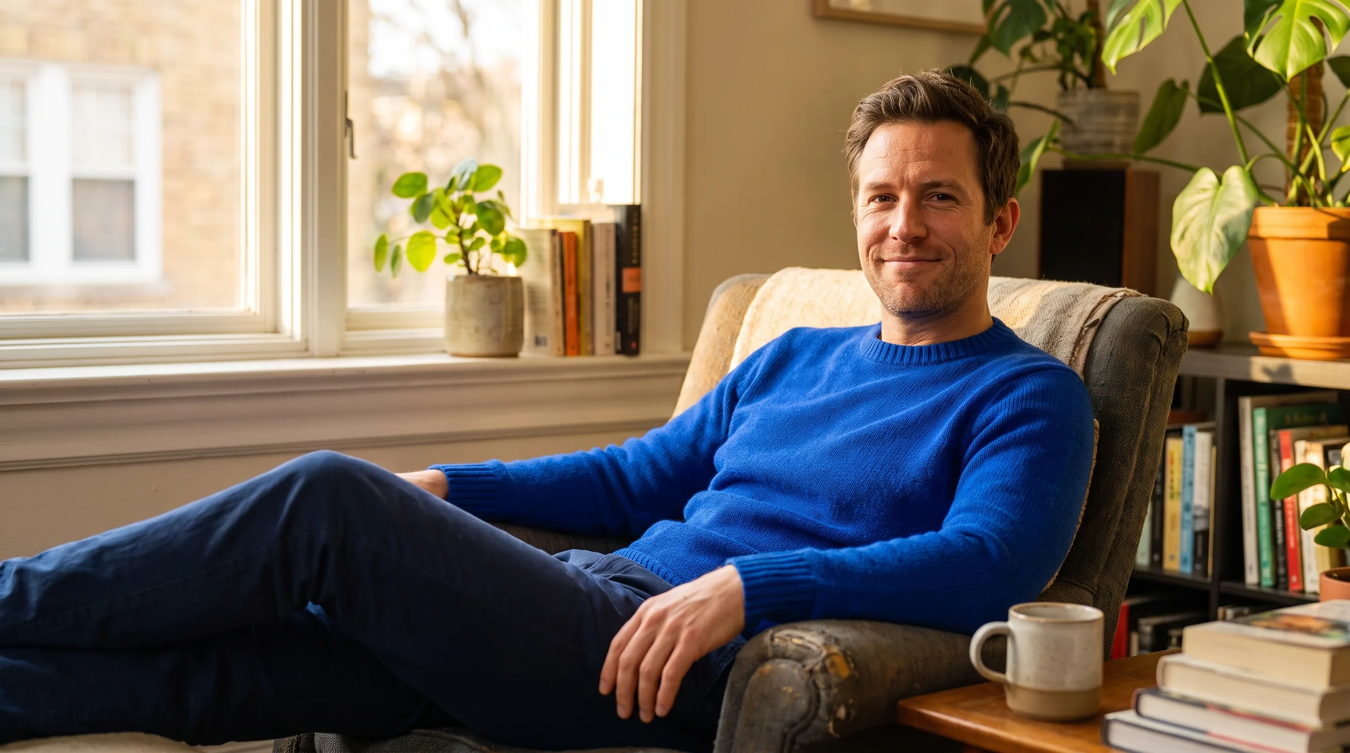A confident, healthy man in his late 30s relaxed at home in warm morning light, calm and at ease