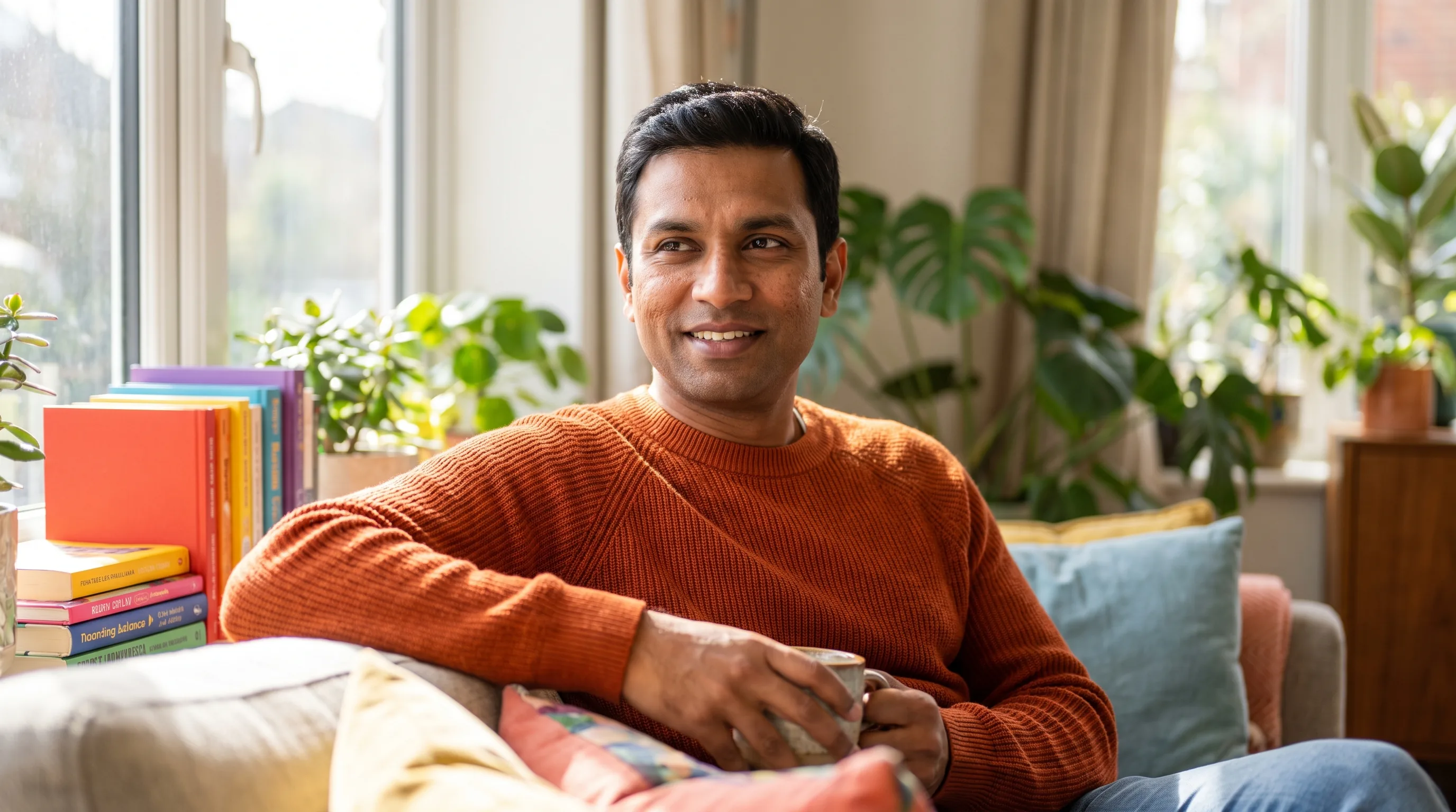 A confident, healthy man in his late 30s at ease at home in soft morning light, calm and self-assured