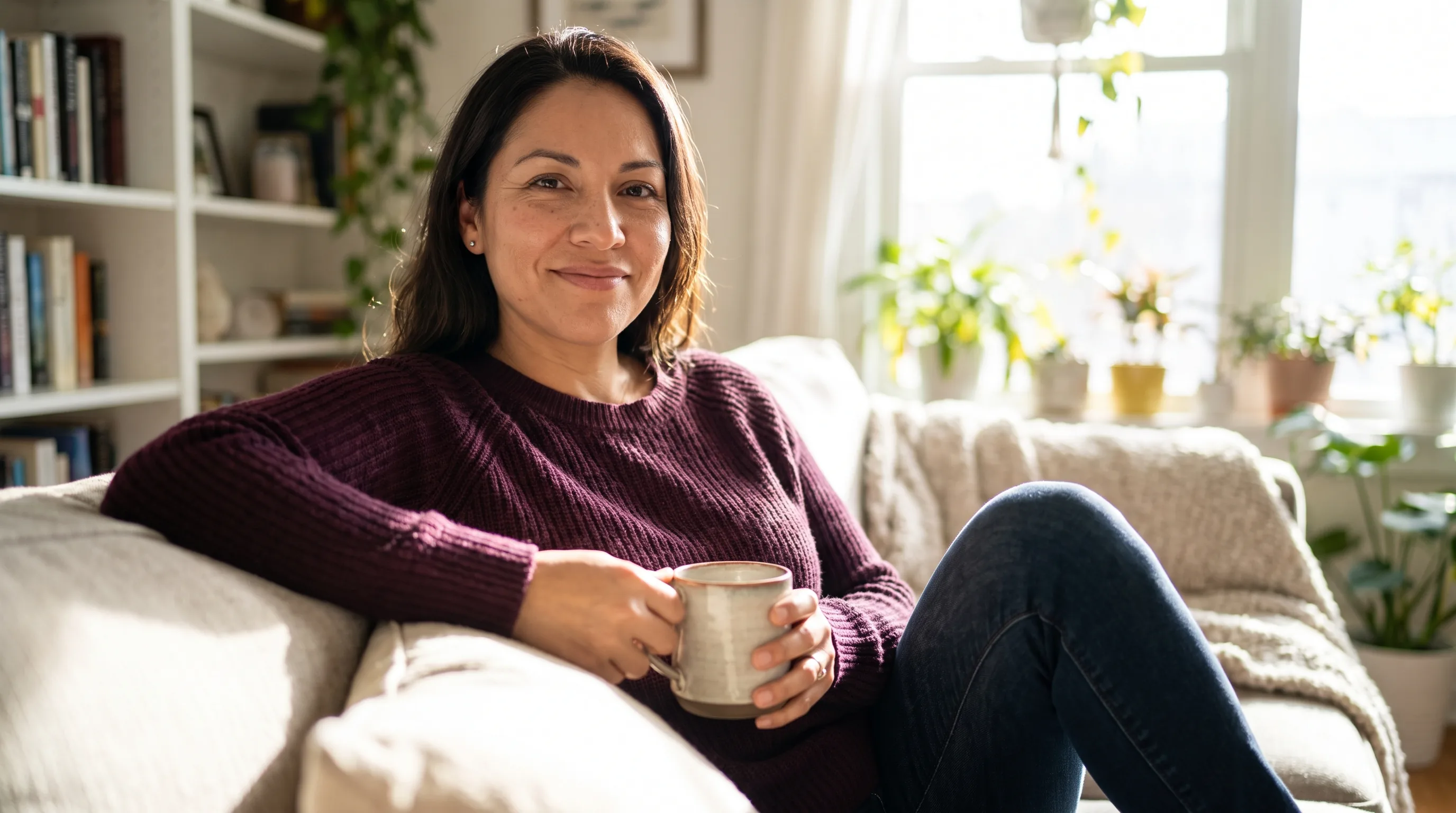 A confident, healthy woman in her late 30s relaxed at home in warm morning light, calm and self-assured, a tasteful non-clinical lifestyle moment