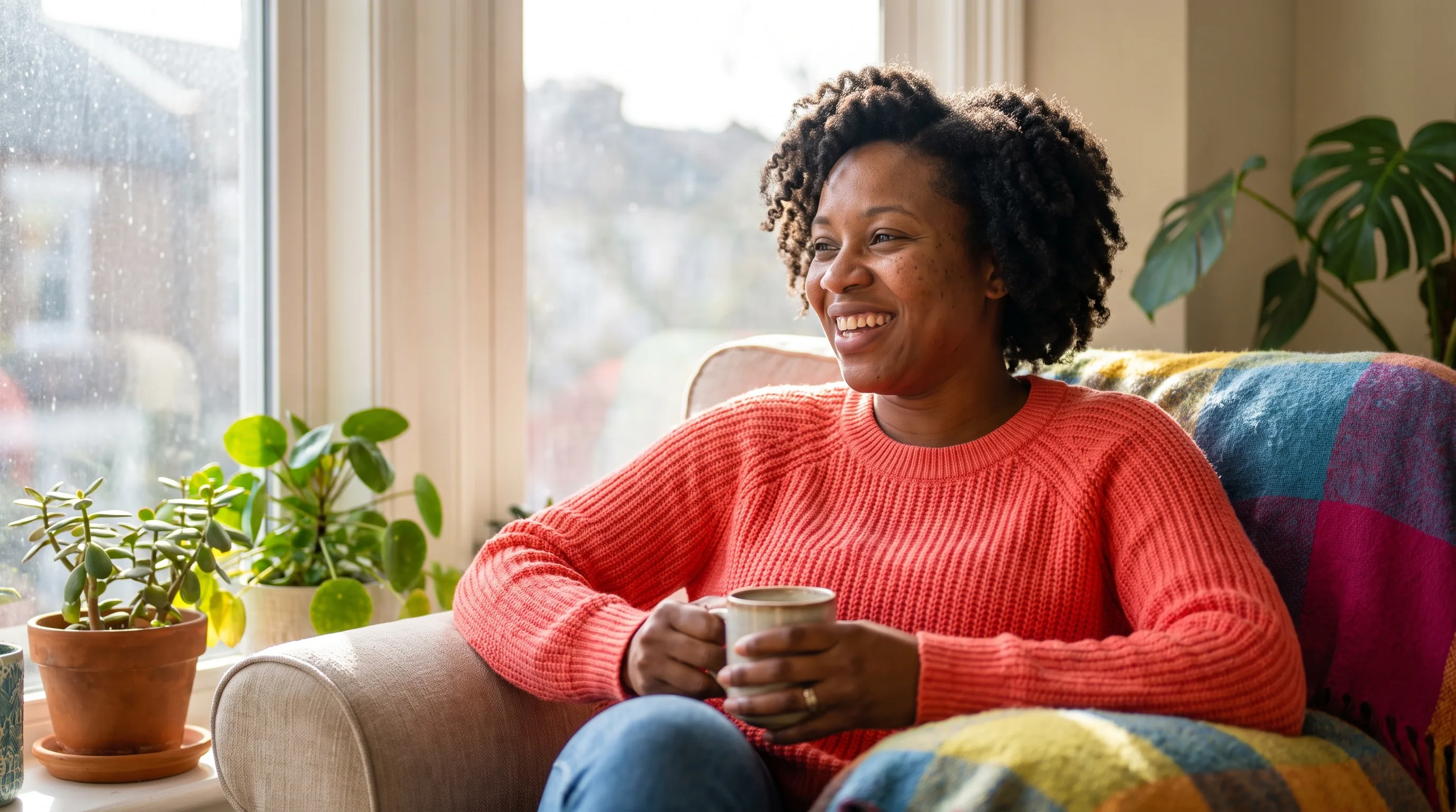 A confident, healthy woman in her late 30s at ease at home in soft morning light, relaxed and self-assured, a warm non-clinical lifestyle moment