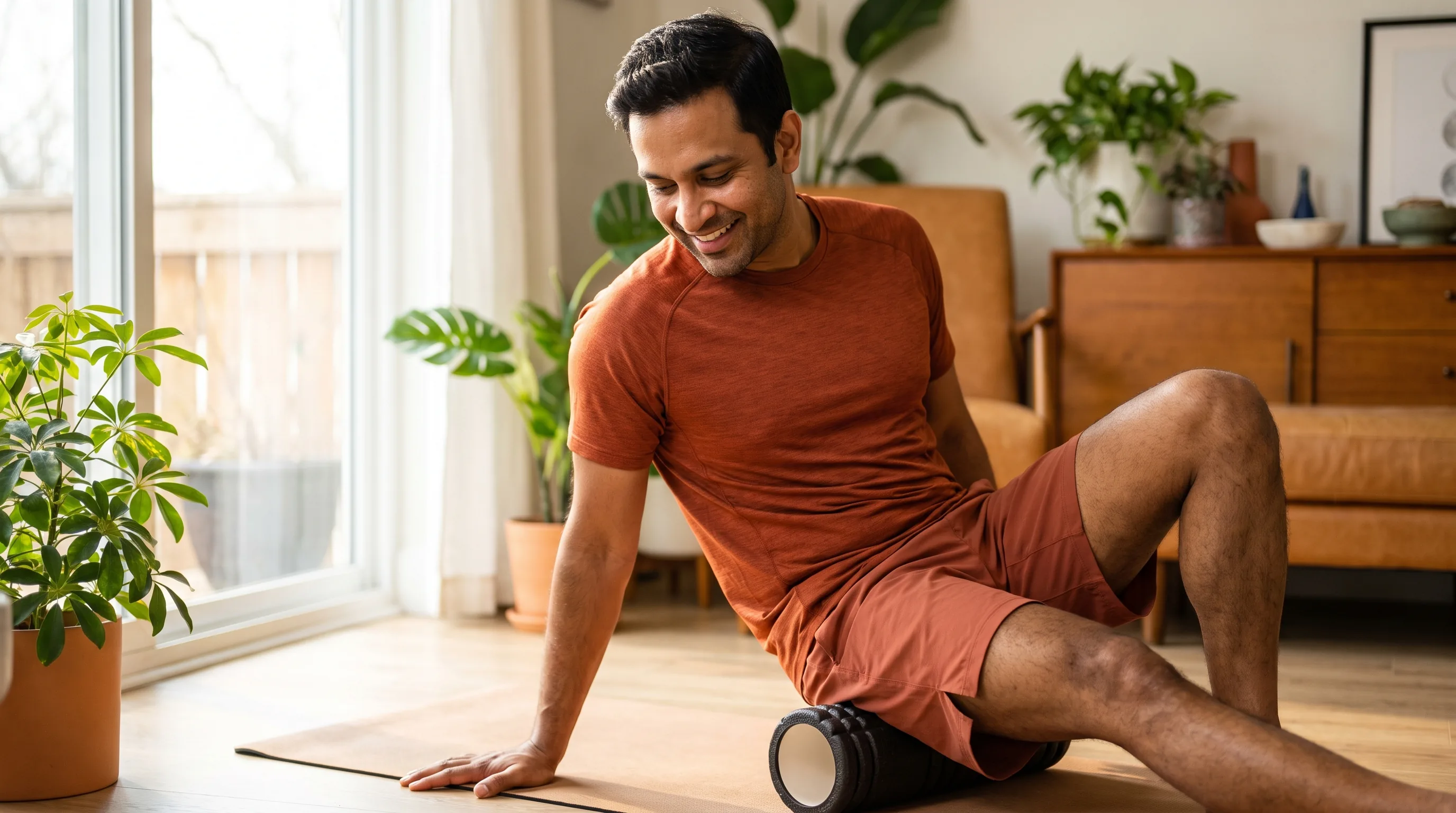A fit adult in athletic wear doing calm morning mobility work on a mat by a bright window, easing a healing shoulder