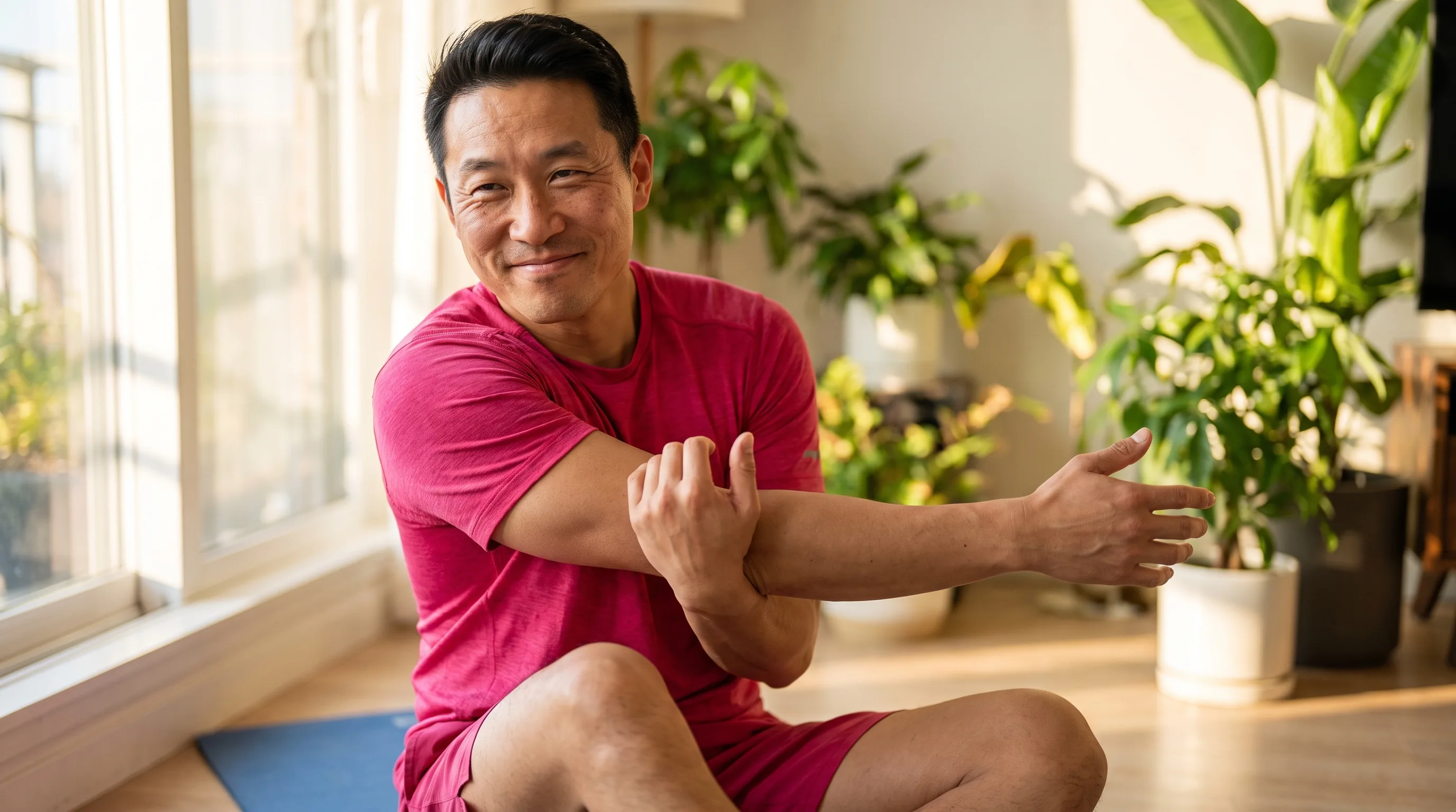 A fit adult in athletic wear doing calm morning mobility work on a mat by a bright window, easing a healing shoulder