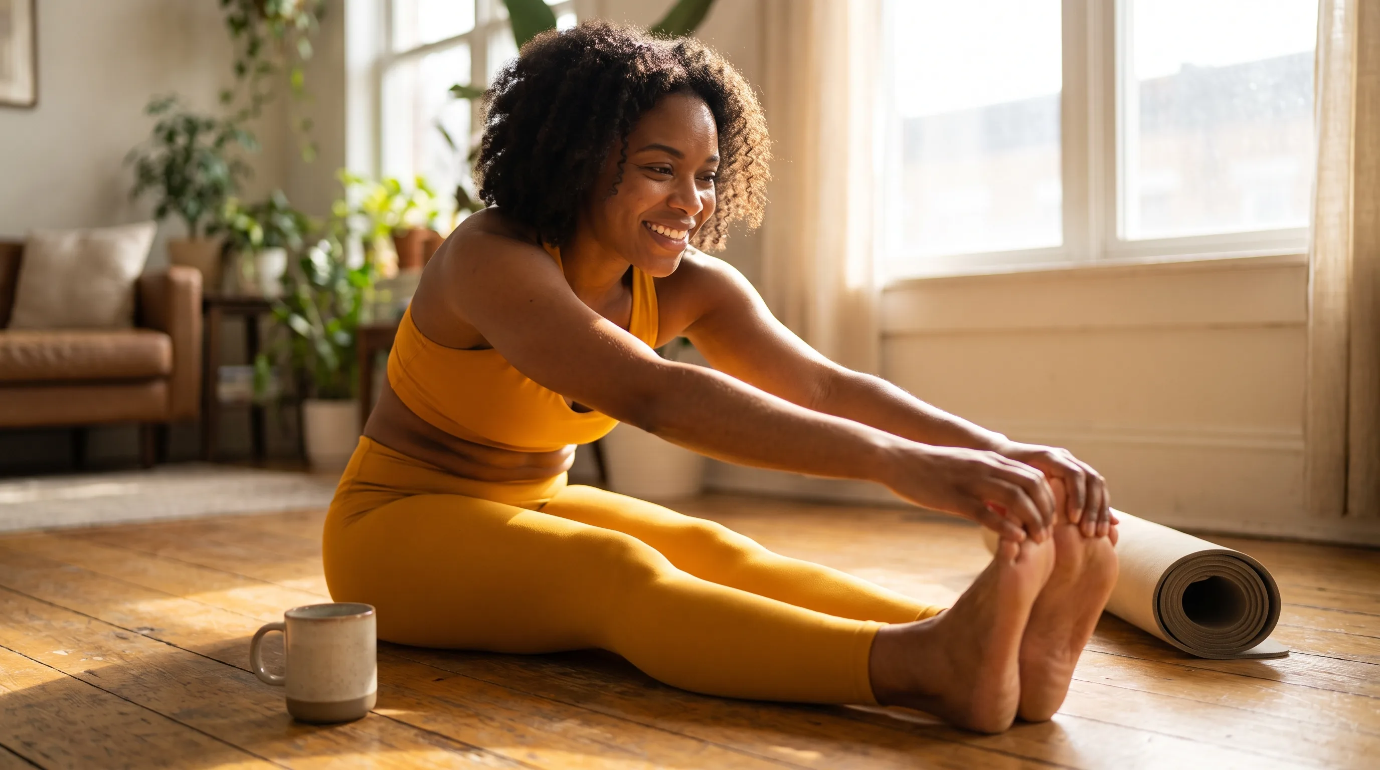 A fit woman in her early 30s sitting on a wood floor after a workout, doing a calm seated stretch and reaching toward her toes in soft morning light