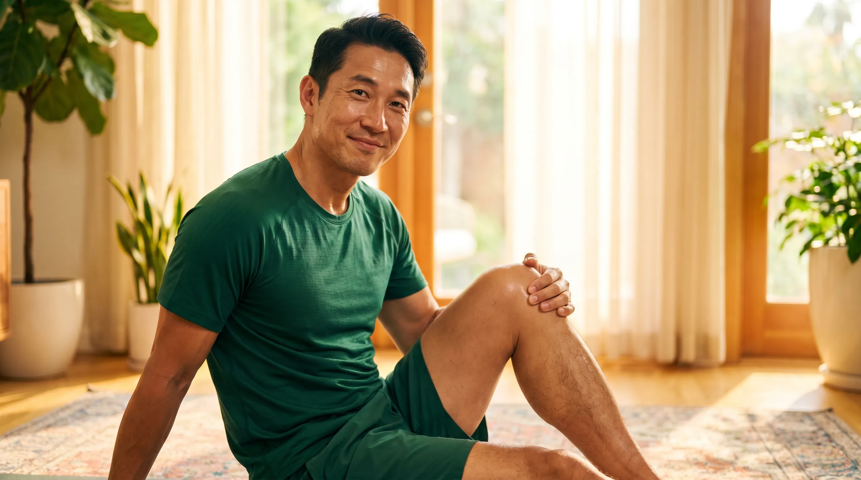 Fit adult in athletic wear doing calm floor mobility work and gently stretching a healing knee in a bright, warm room after a workout