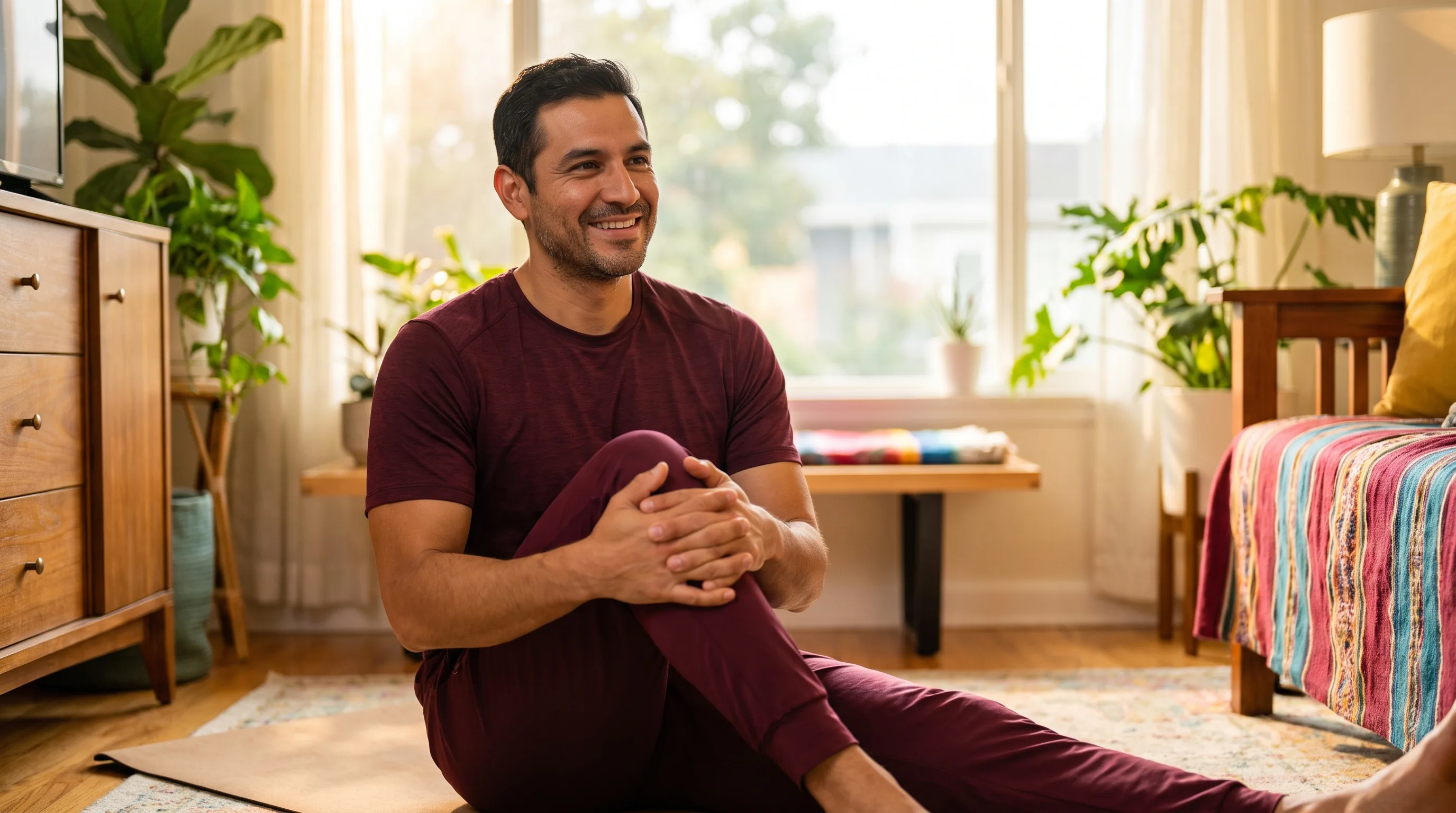 Fit adult in athletic wear doing calm floor mobility work and stretching a healing knee in a bright, warm room after training