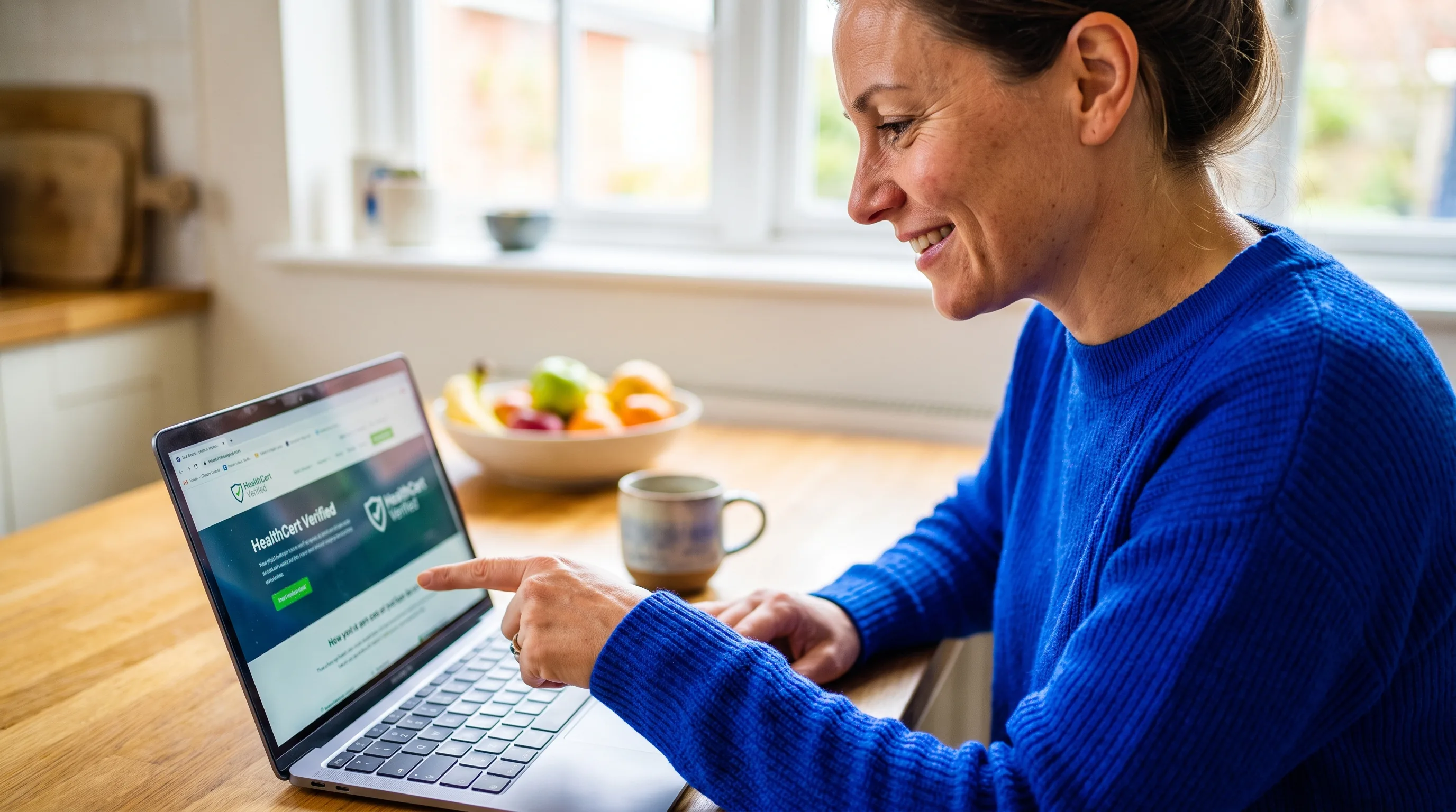 A thoughtful person in their 30s at a kitchen table, laptop open, calmly checking a health website's certification before deciding to order.