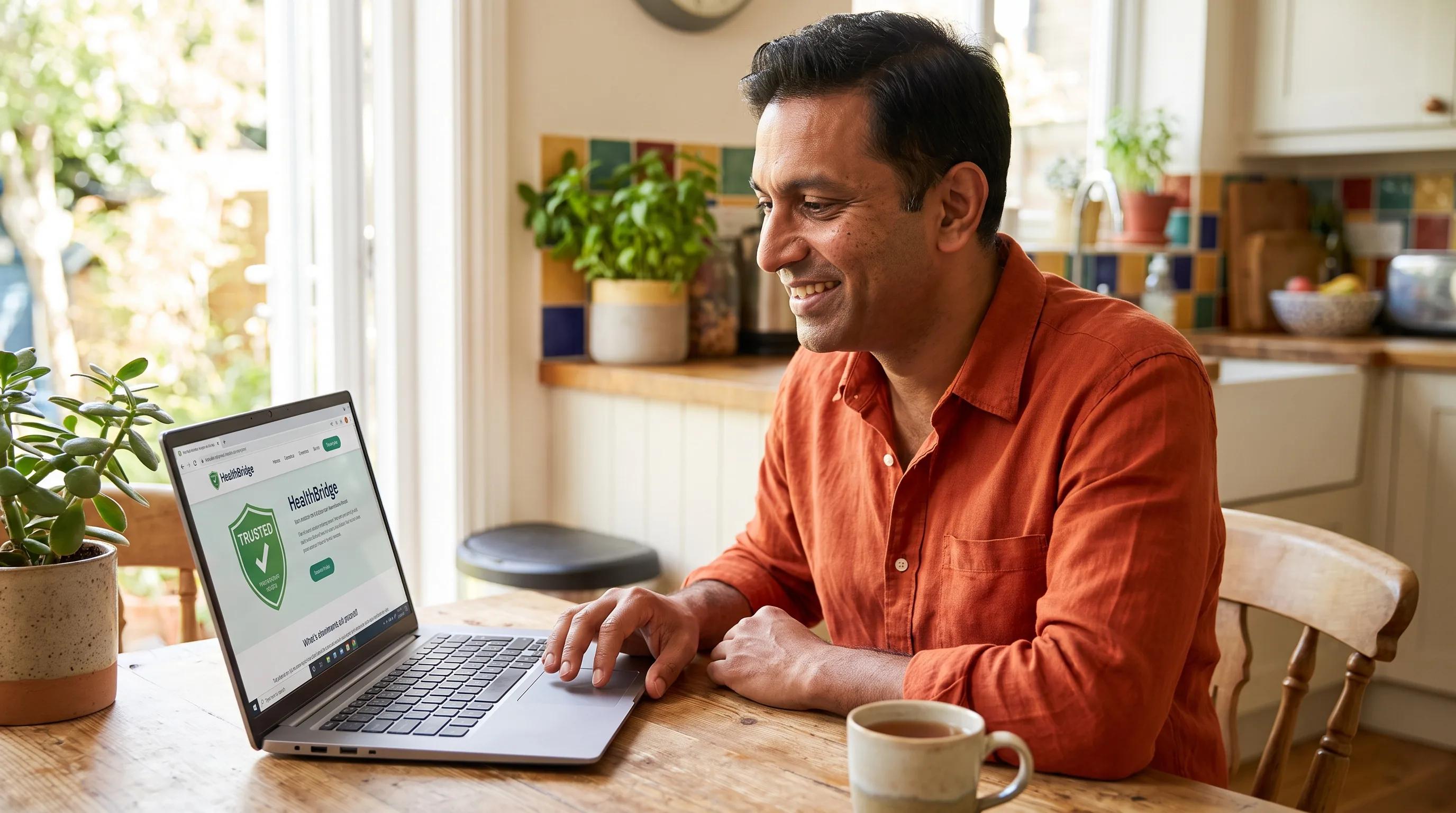 A thoughtful person in their 30s at a kitchen table, laptop open, calmly checking whether a health website is legitimate before ordering.