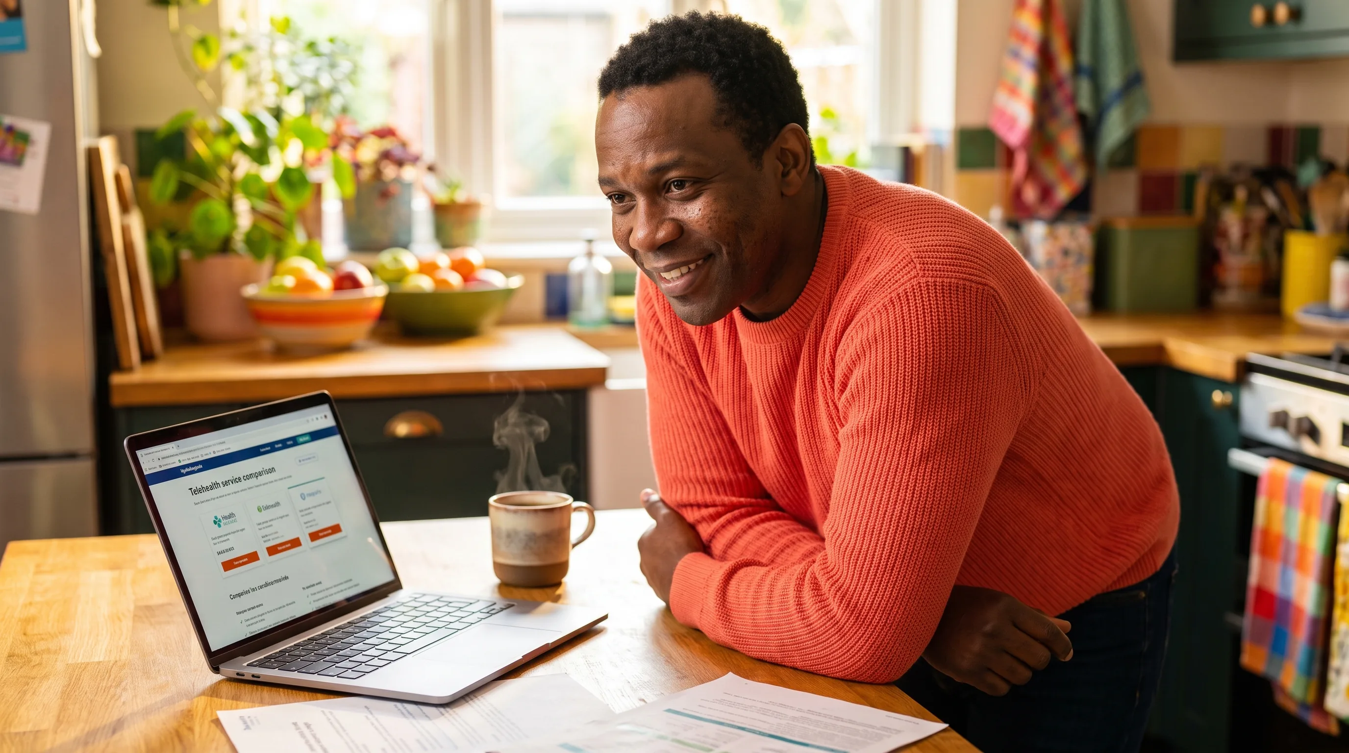 A warm, happy, colorful photo of a healthy adult in their forties smiling at a sunlit kitchen table with a laptop and coffee, comparing telehealth options