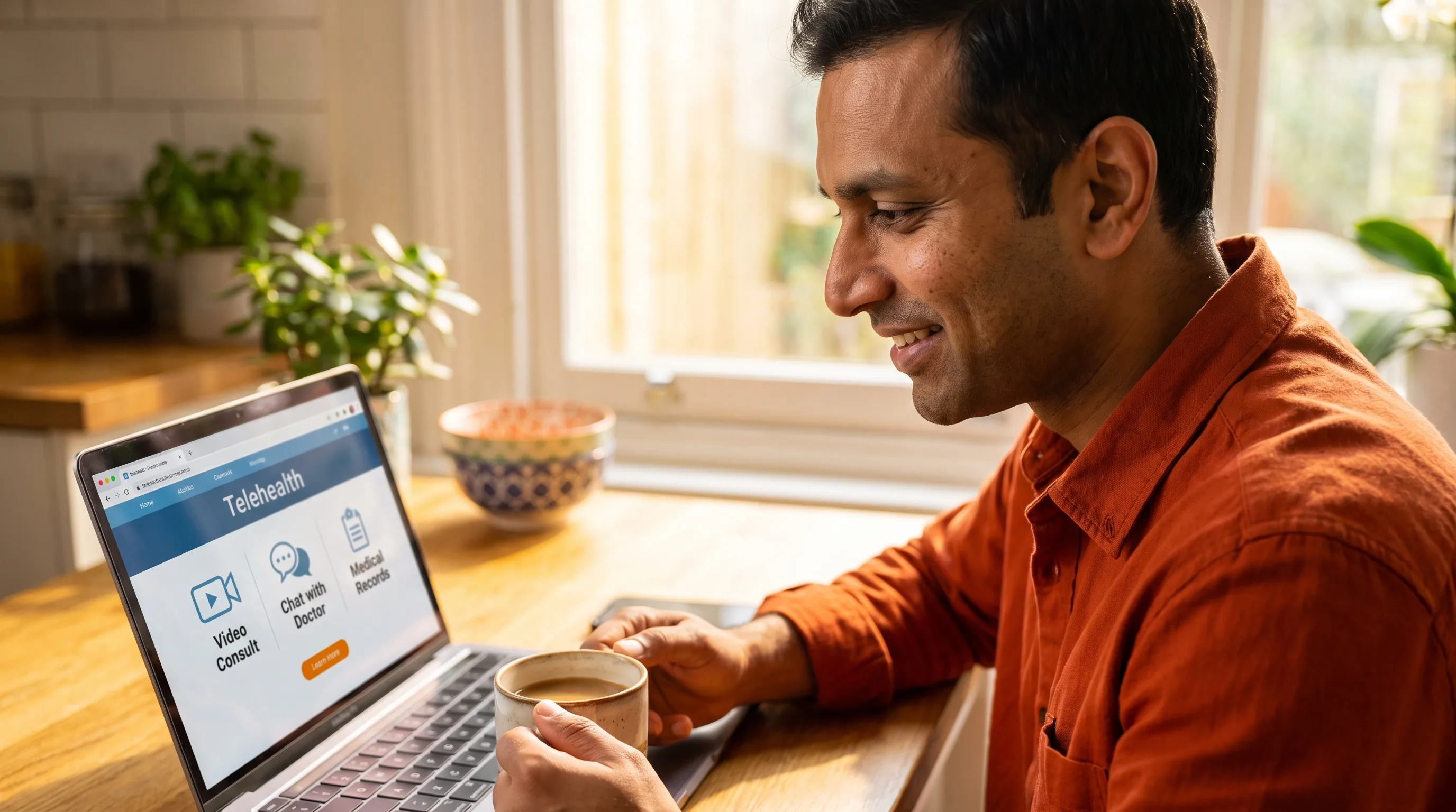 A healthy man in his late thirties standing relaxed in bright morning light at home, holding a pru compounded peptide, looking calm and content
